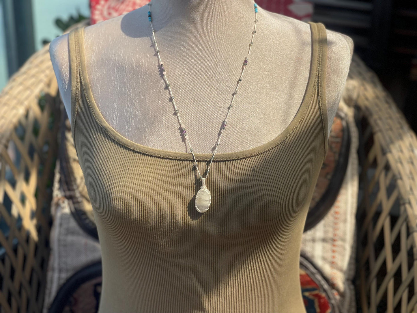 Stunning rainbow moonstone necklace, moonstone pendant, rainbow gemstone, Handmade gemstone necklace, boho gift for her. Macrame jewellery.