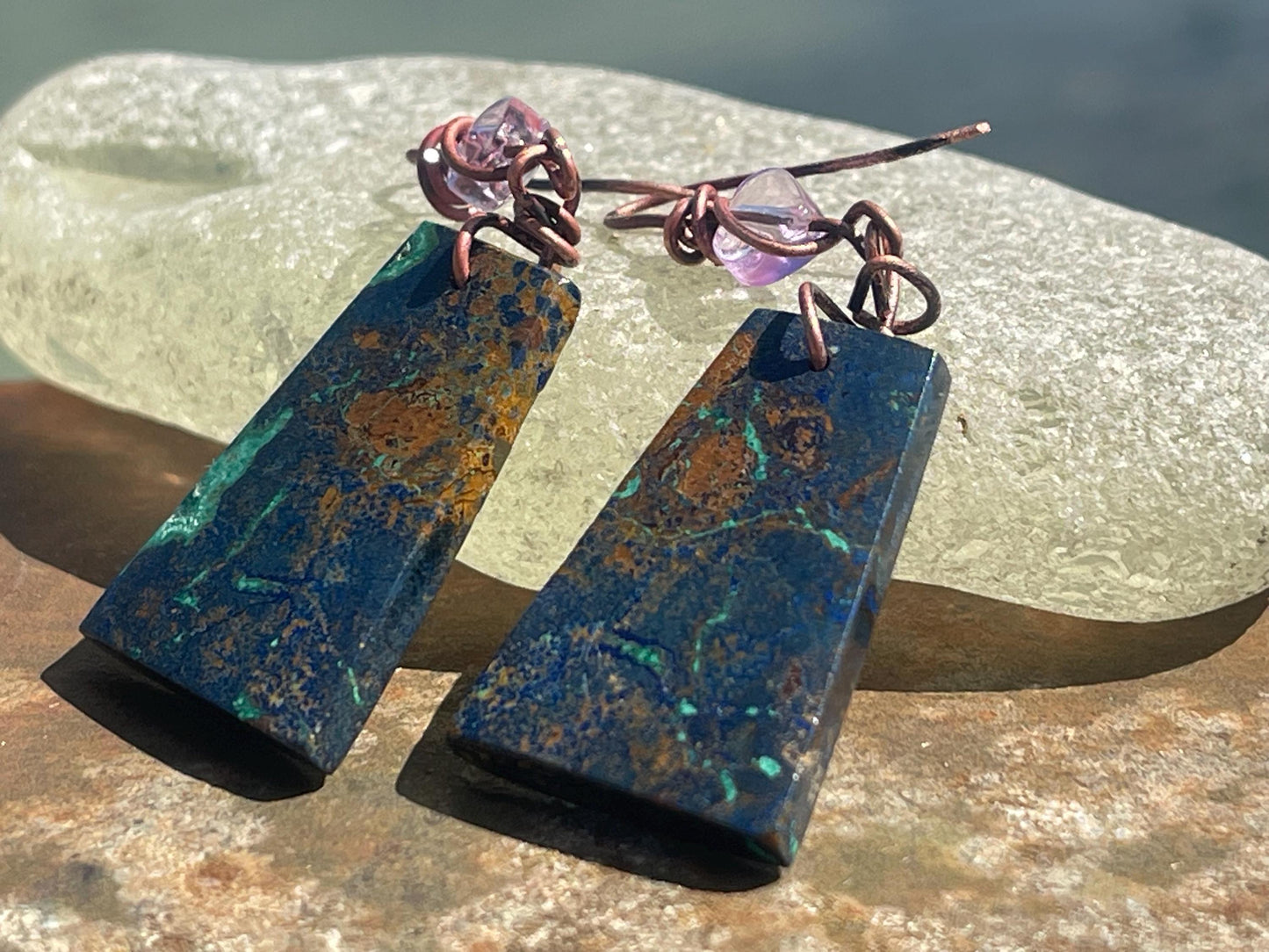 Chrysocolla gemstone earrings on recycled burnt copper. Ethical jewellery, blue gemstone earrings. Stunning unique jewellery. Unique gifts