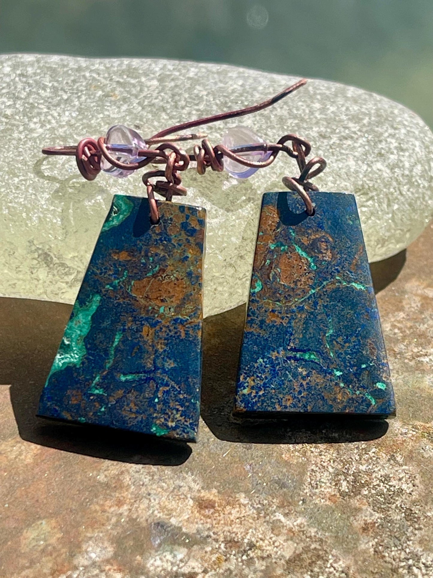 Chrysocolla gemstone earrings on recycled burnt copper. Ethical jewellery, blue gemstone earrings. Stunning unique jewellery. Unique gifts