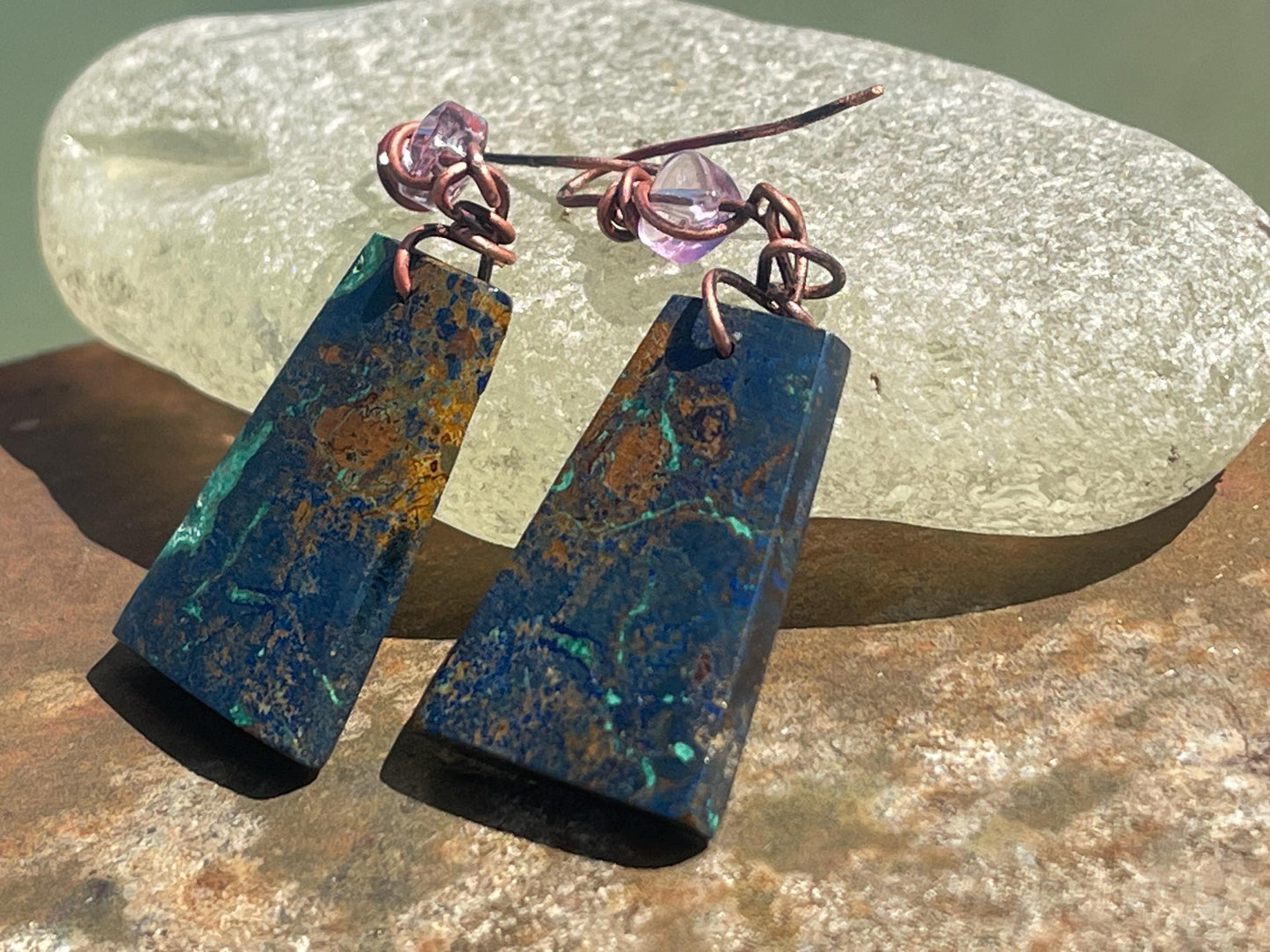 Chrysocolla gemstone earrings on recycled burnt copper. Ethical jewellery, blue gemstone earrings. Stunning unique jewellery. Unique gifts