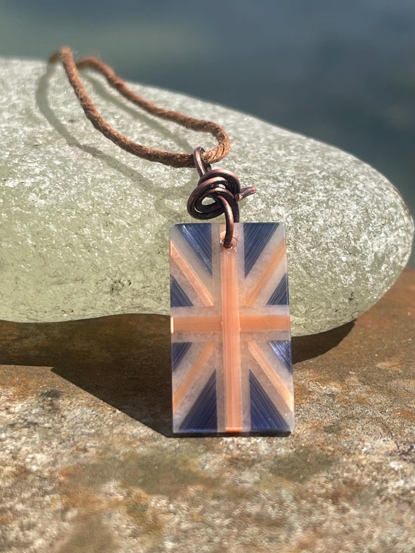 Fused gemstone Union Jack necklace on recycled copper. Ethical and unique jewellery. Unique English jewellery. British flag jewellery