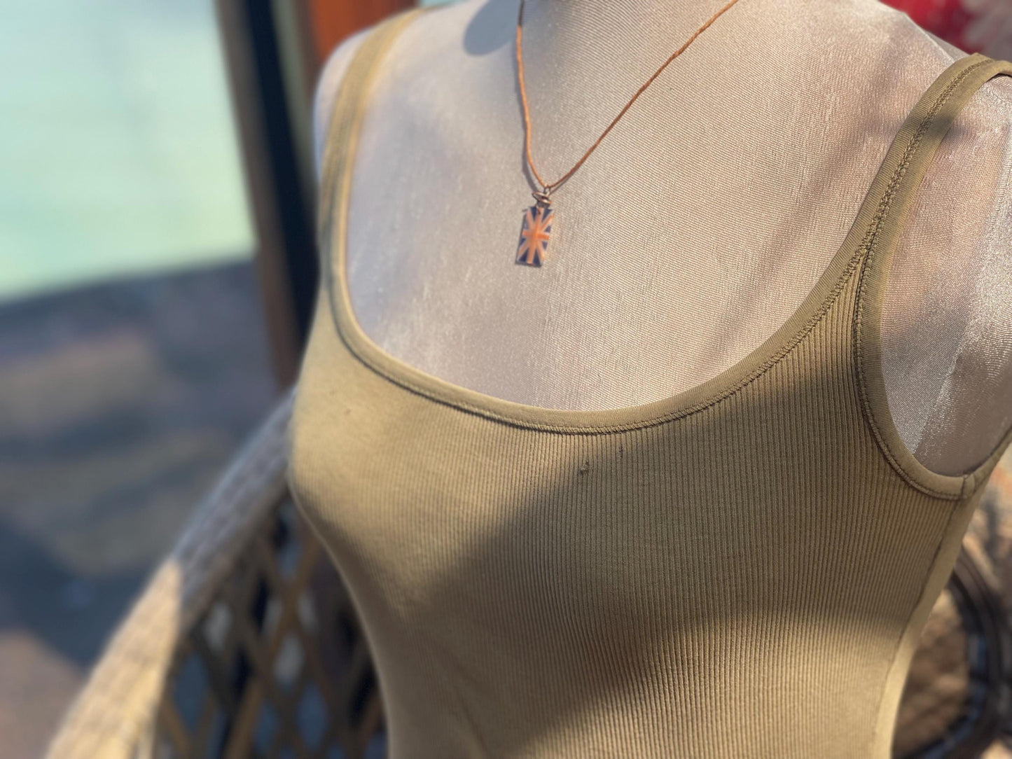 Fused gemstone Union Jack necklace on recycled copper. Ethical and unique jewellery. Unique English jewellery. British flag jewellery