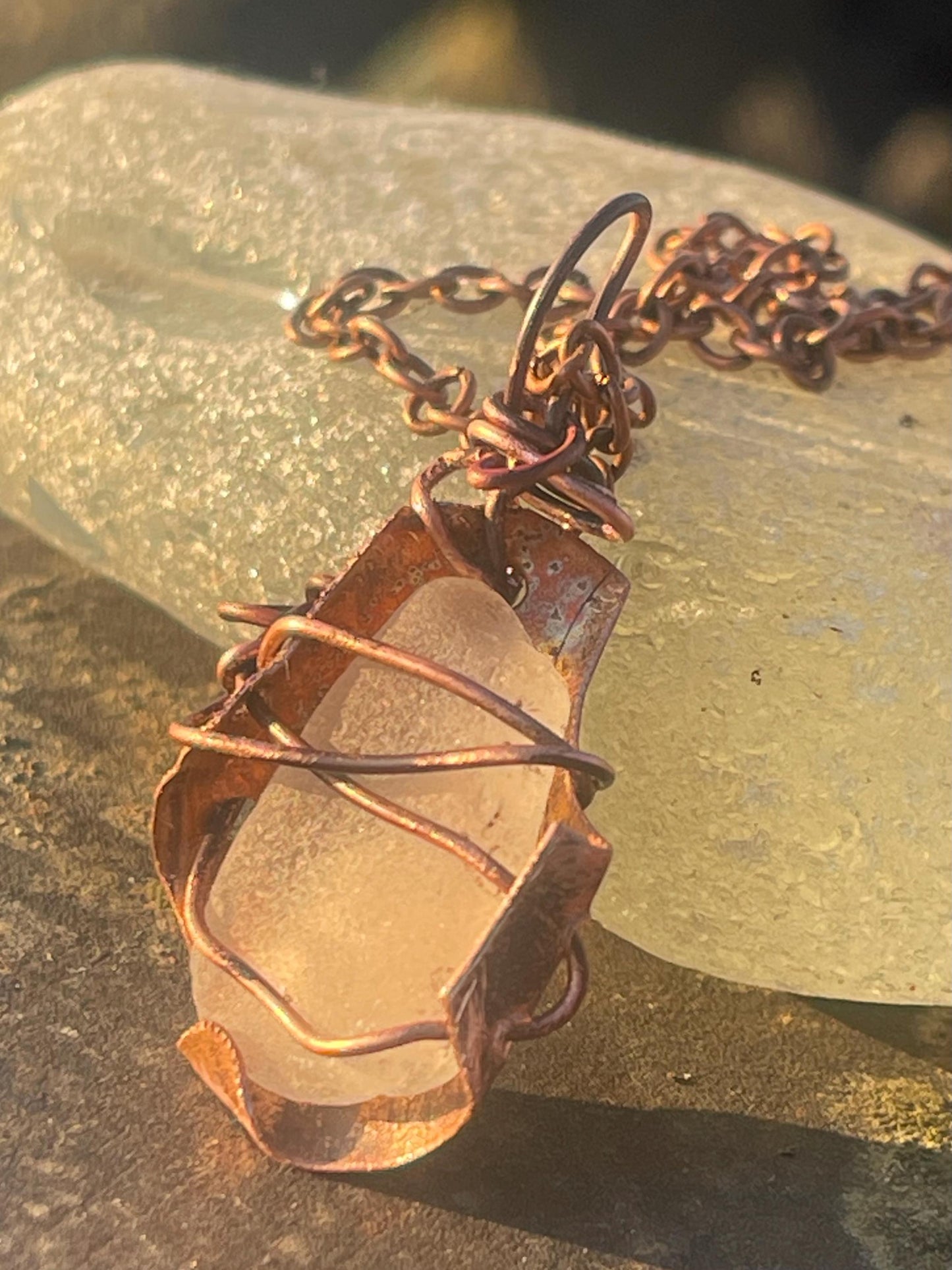 Eco friendly handmade necklace made from sea glass and naturally weathered recycled copper. Ethical jewellery. Unique handmade jewellery.