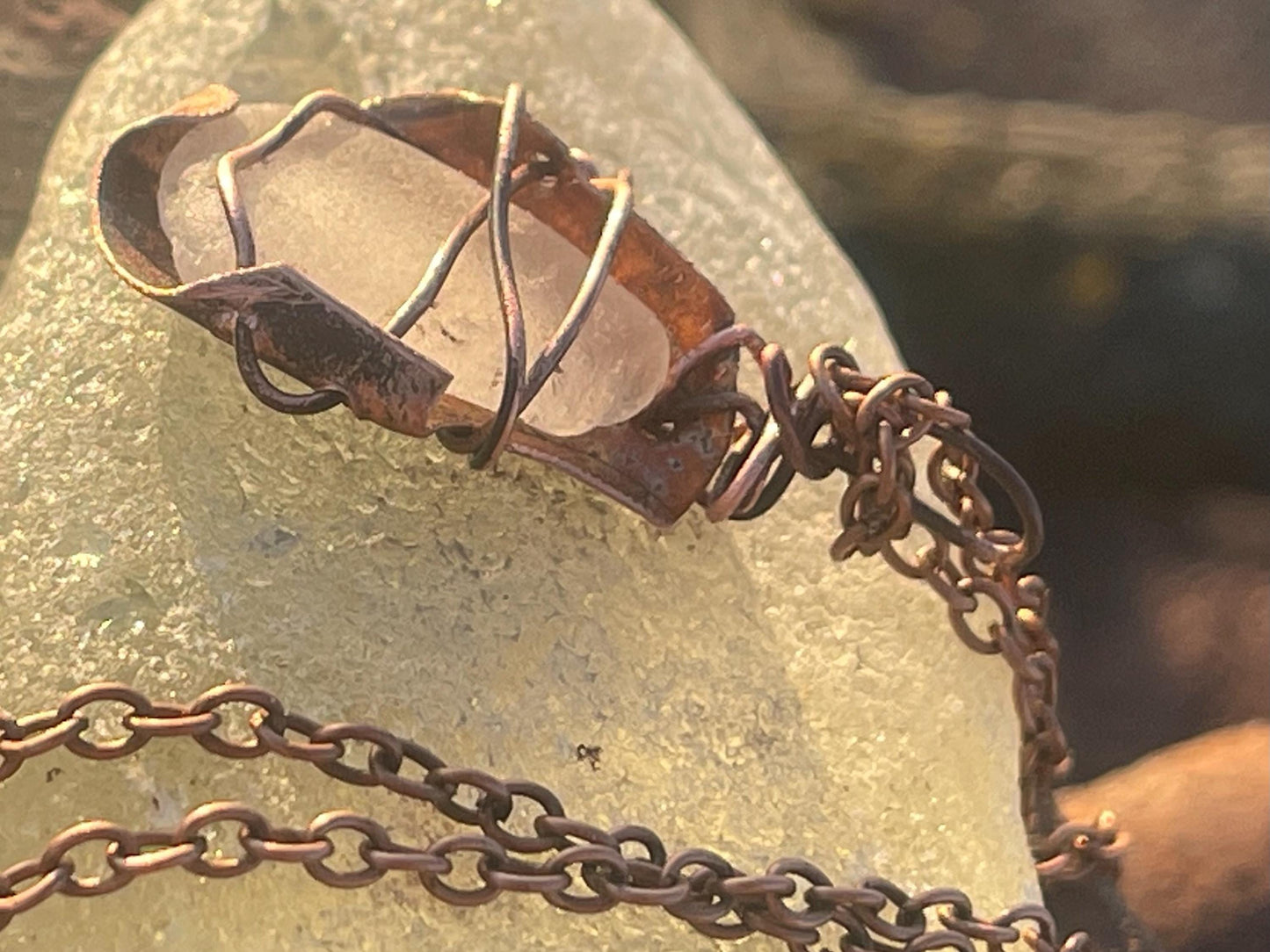Eco friendly handmade necklace made from sea glass and naturally weathered recycled copper. Ethical jewellery. Unique handmade jewellery.