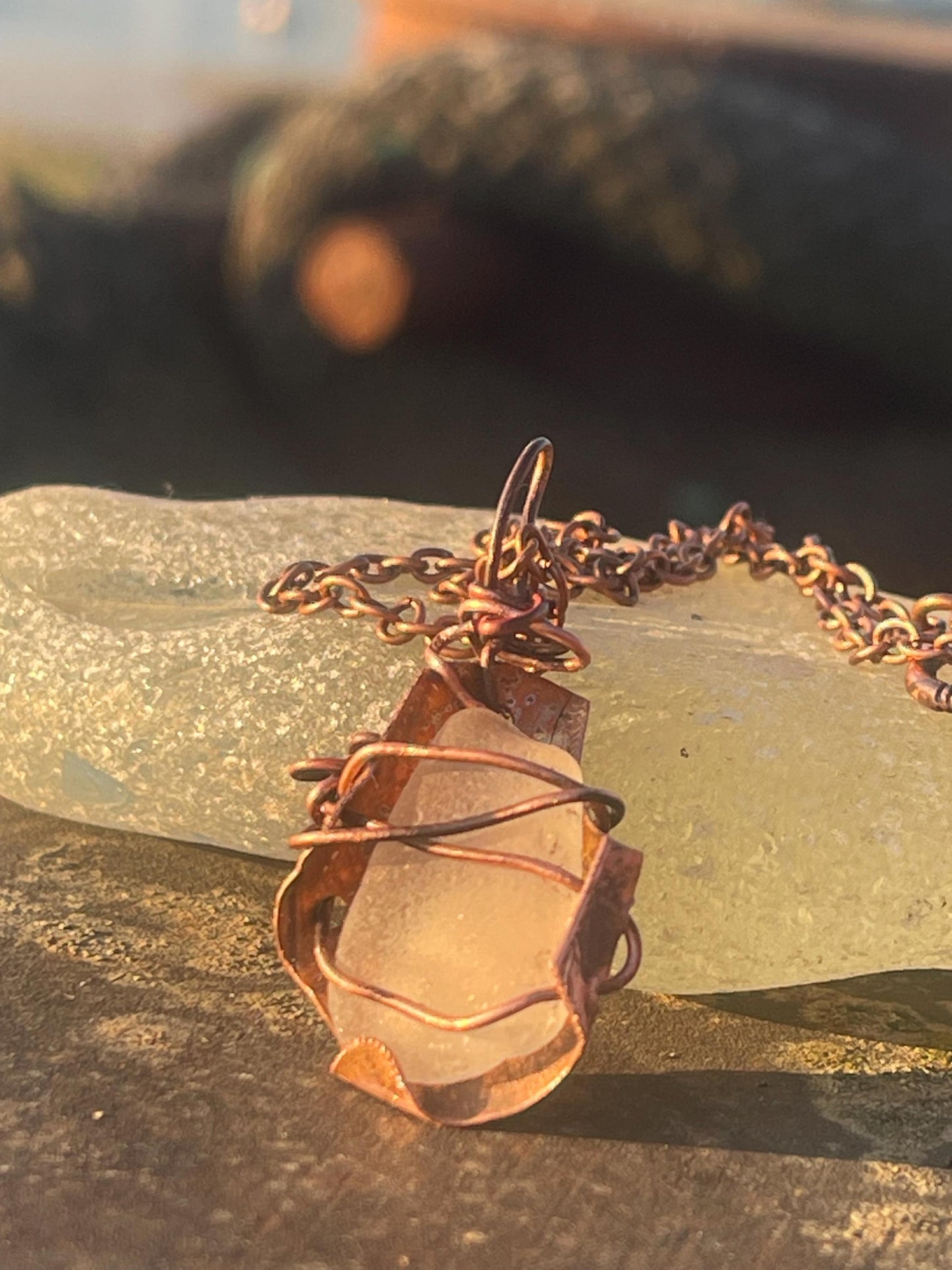 Eco friendly handmade necklace made from sea glass and naturally weathered recycled copper. Ethical jewellery. Unique handmade jewellery.