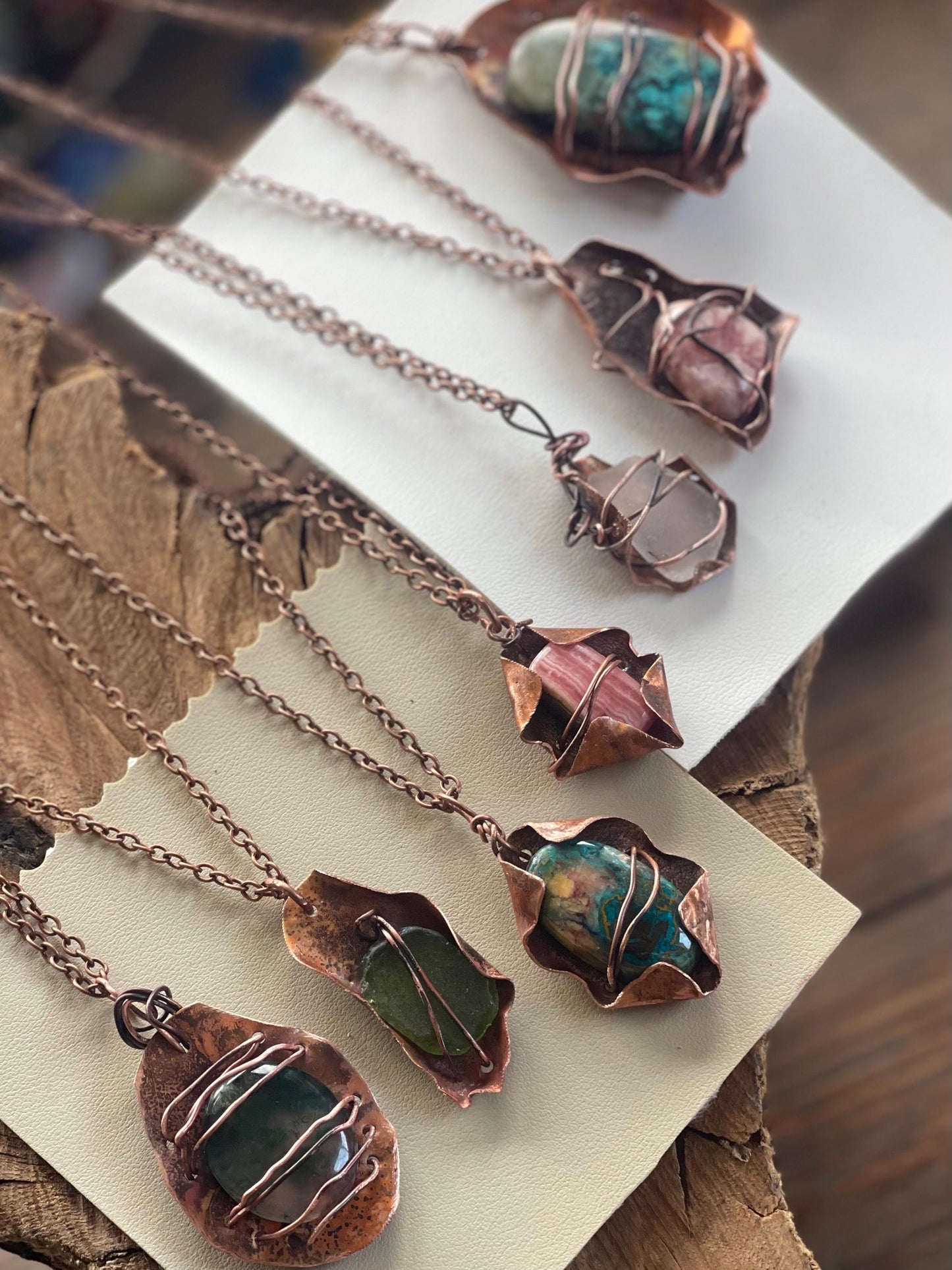 Eco friendly handmade necklace made from moss agate & naturally weathered recycled copper. Ethical jewellery. Unique handmade jewellery.