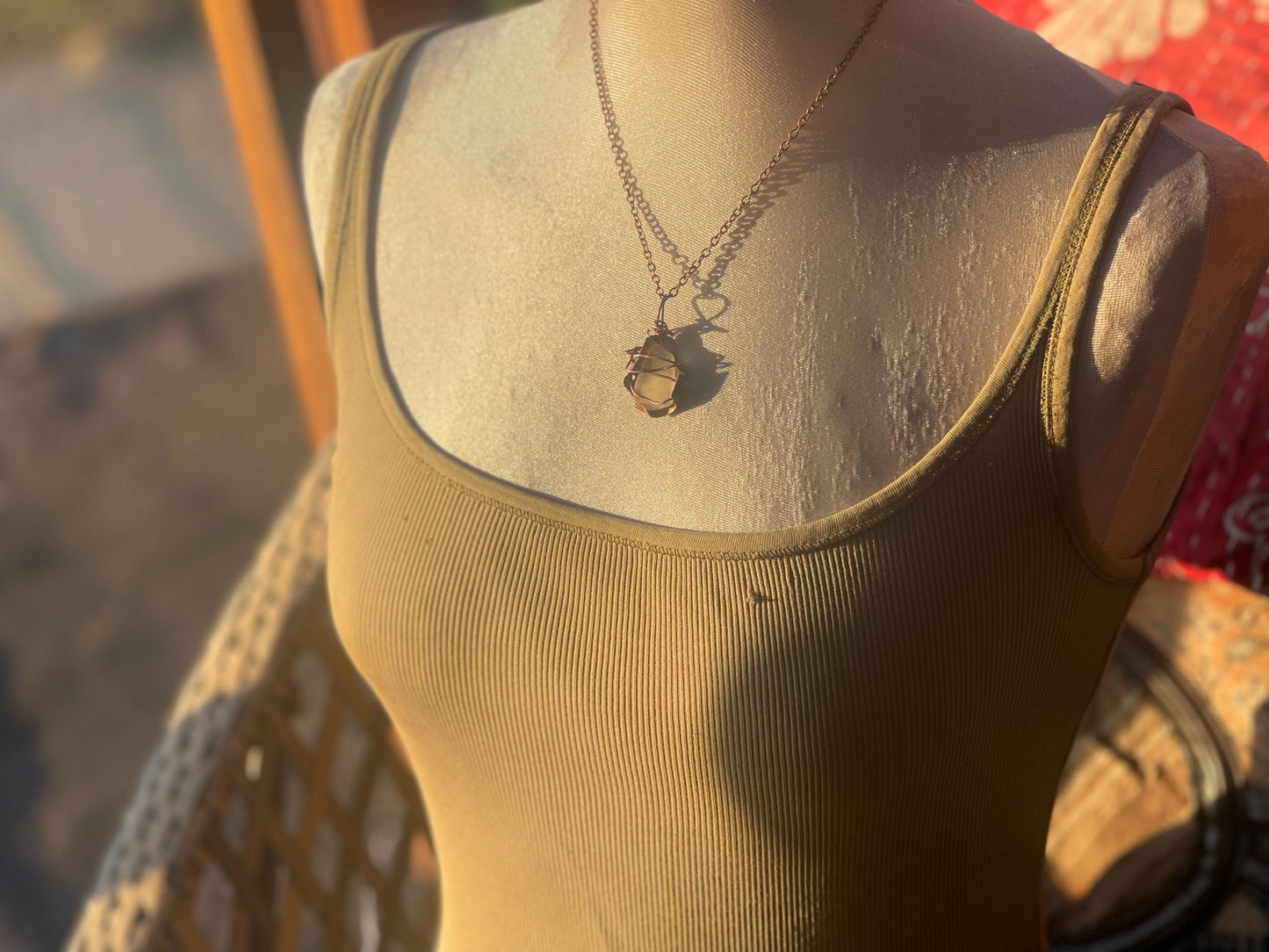 Eco friendly handmade necklace made from sea glass and naturally weathered recycled copper. Ethical jewellery. Unique handmade jewellery.