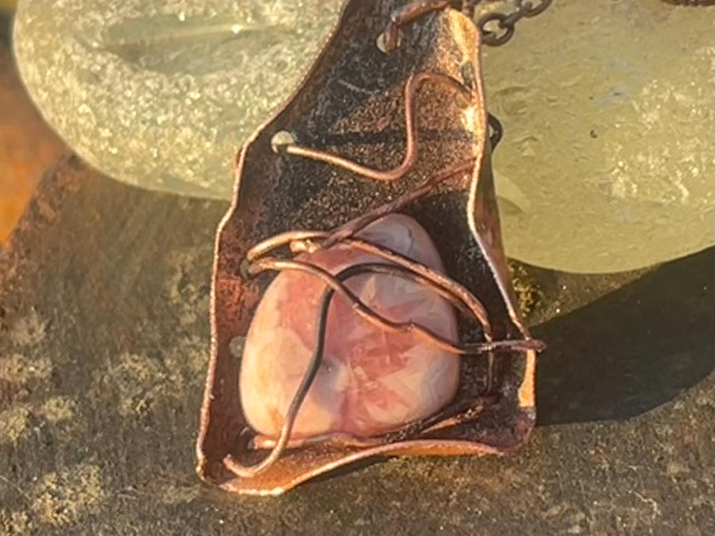 Eco friendly handmade necklace made from Rhodochrosite & naturally weathered recycled copper. Ethical jewellery. Unique handmade jewellery.