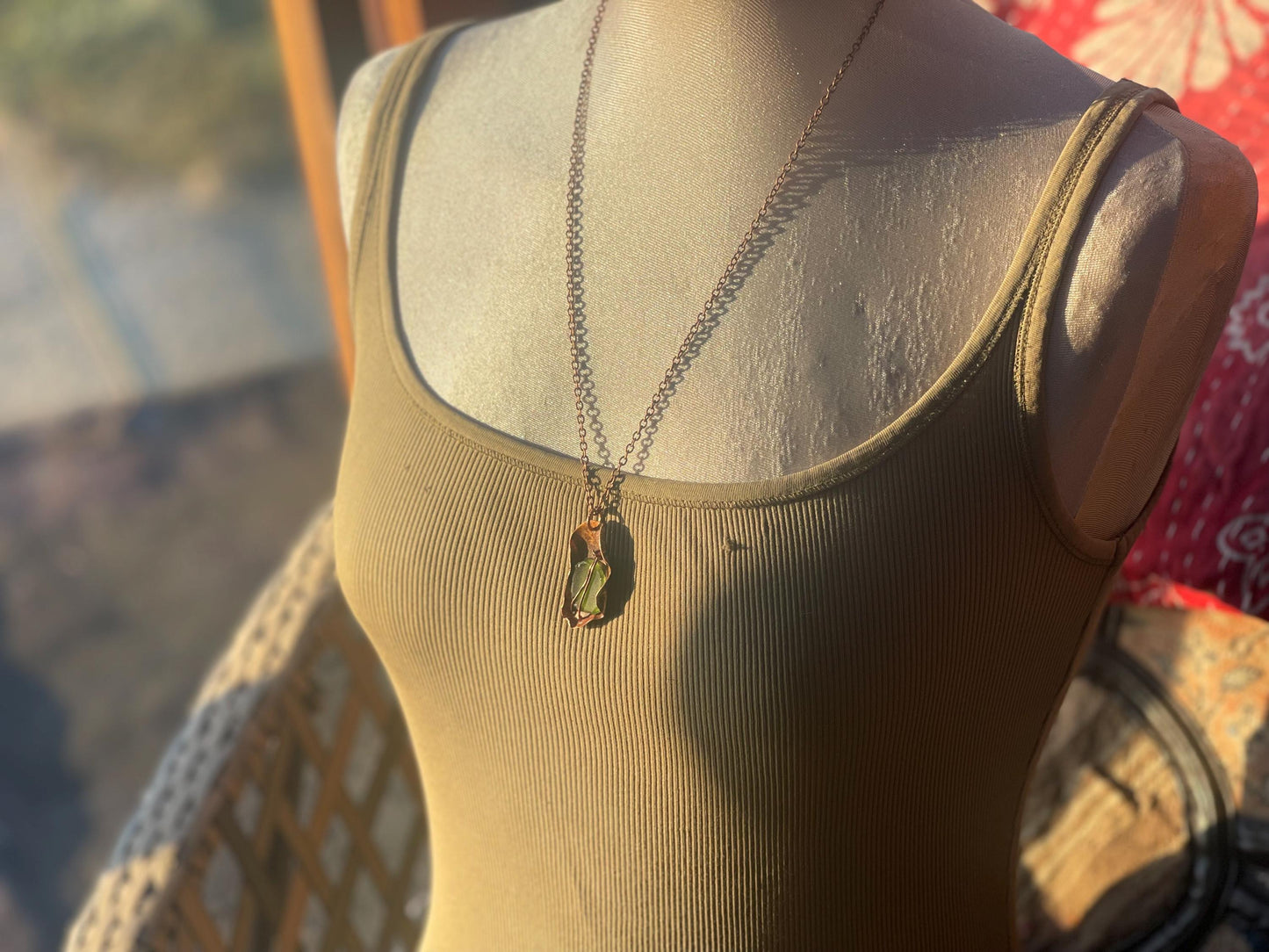 Eco friendly handmade necklace made from sea glass and naturally weathered recycled copper. Ethical jewellery. Unique handmade jewellery.