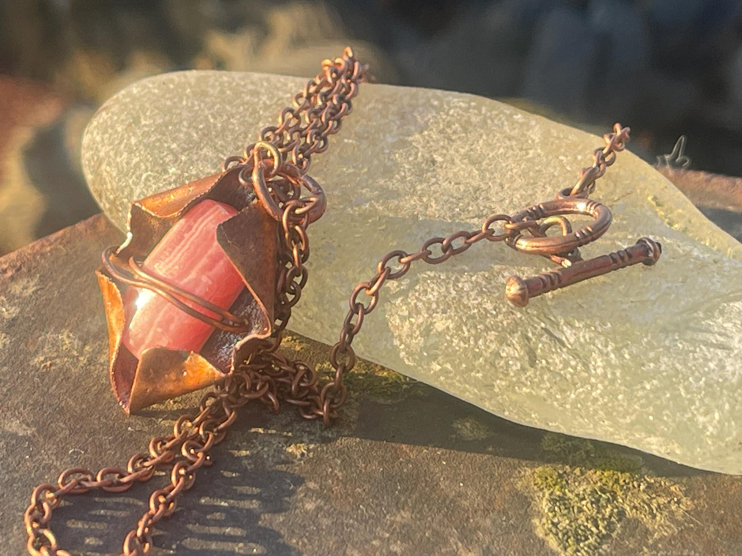 Eco friendly handmade necklace made from Rhodochrosite & naturally weathered recycled copper. Ethical jewellery. Unique handmade jewellery.