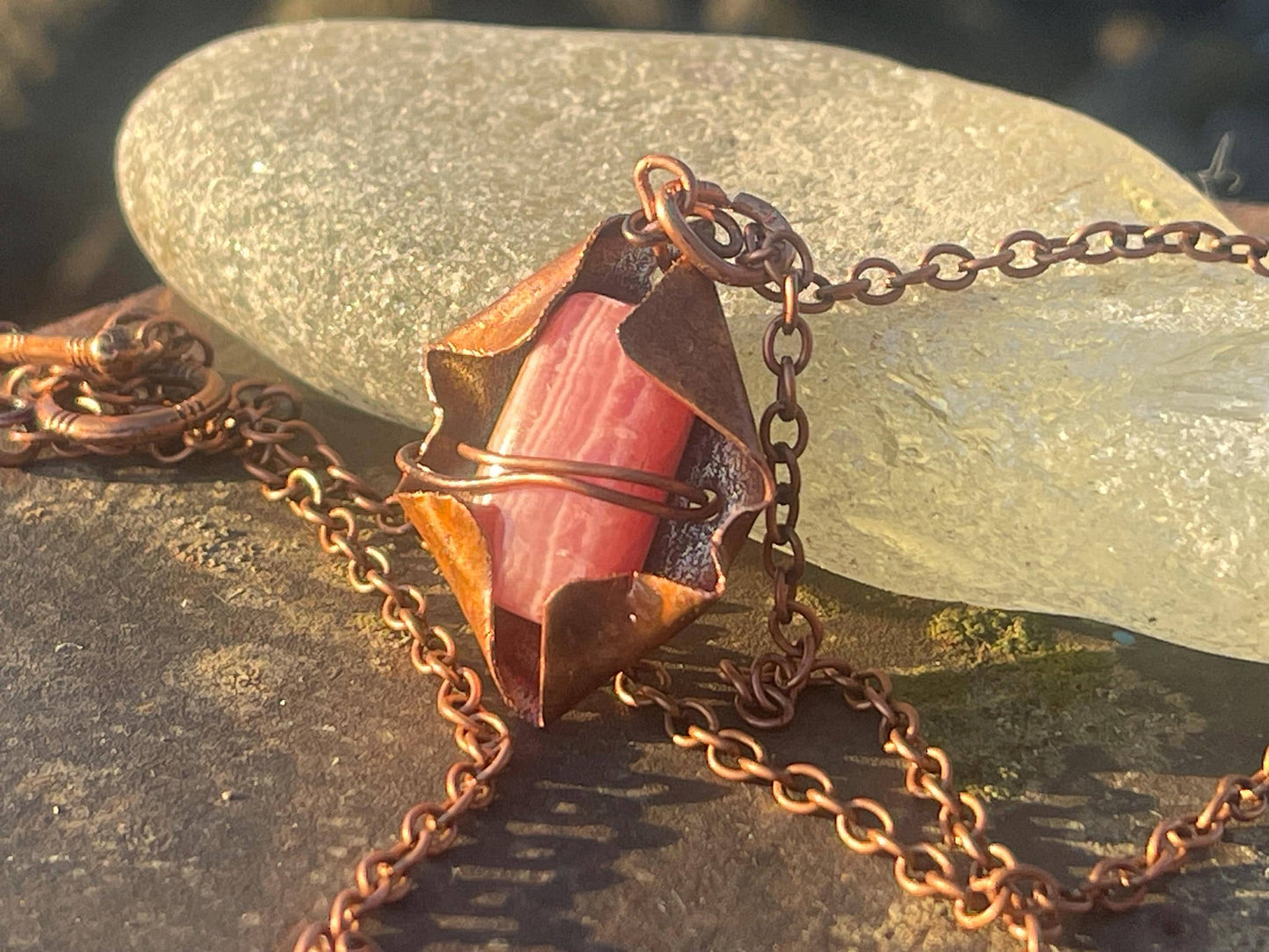 Eco friendly handmade necklace made from Rhodochrosite & naturally weathered recycled copper. Ethical jewellery. Unique handmade jewellery.
