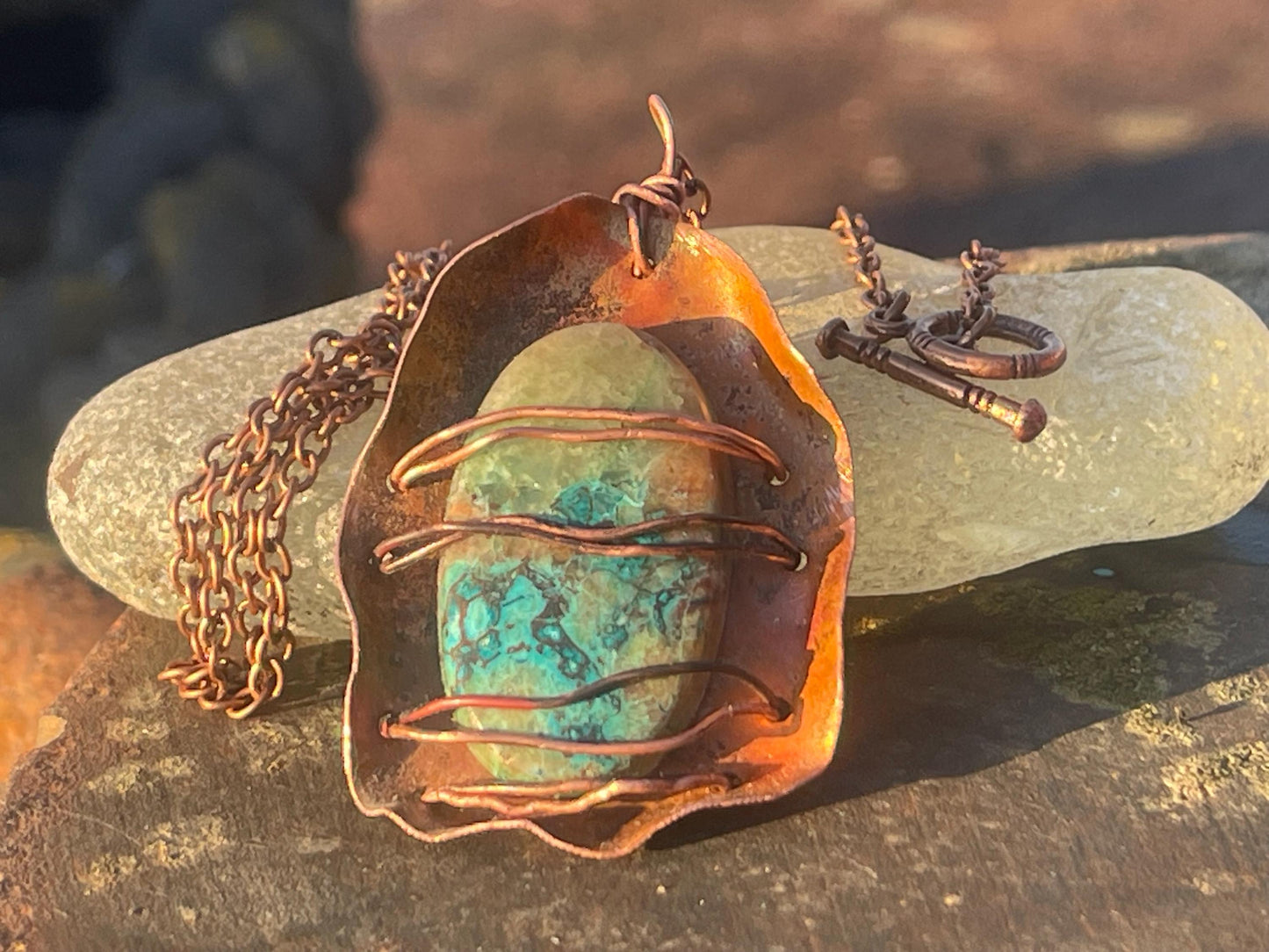 Eco friendly handmade necklace made from Chrysocolla & naturally weathered recycled copper. Ethical jewellery. Unique handmade jewellery.