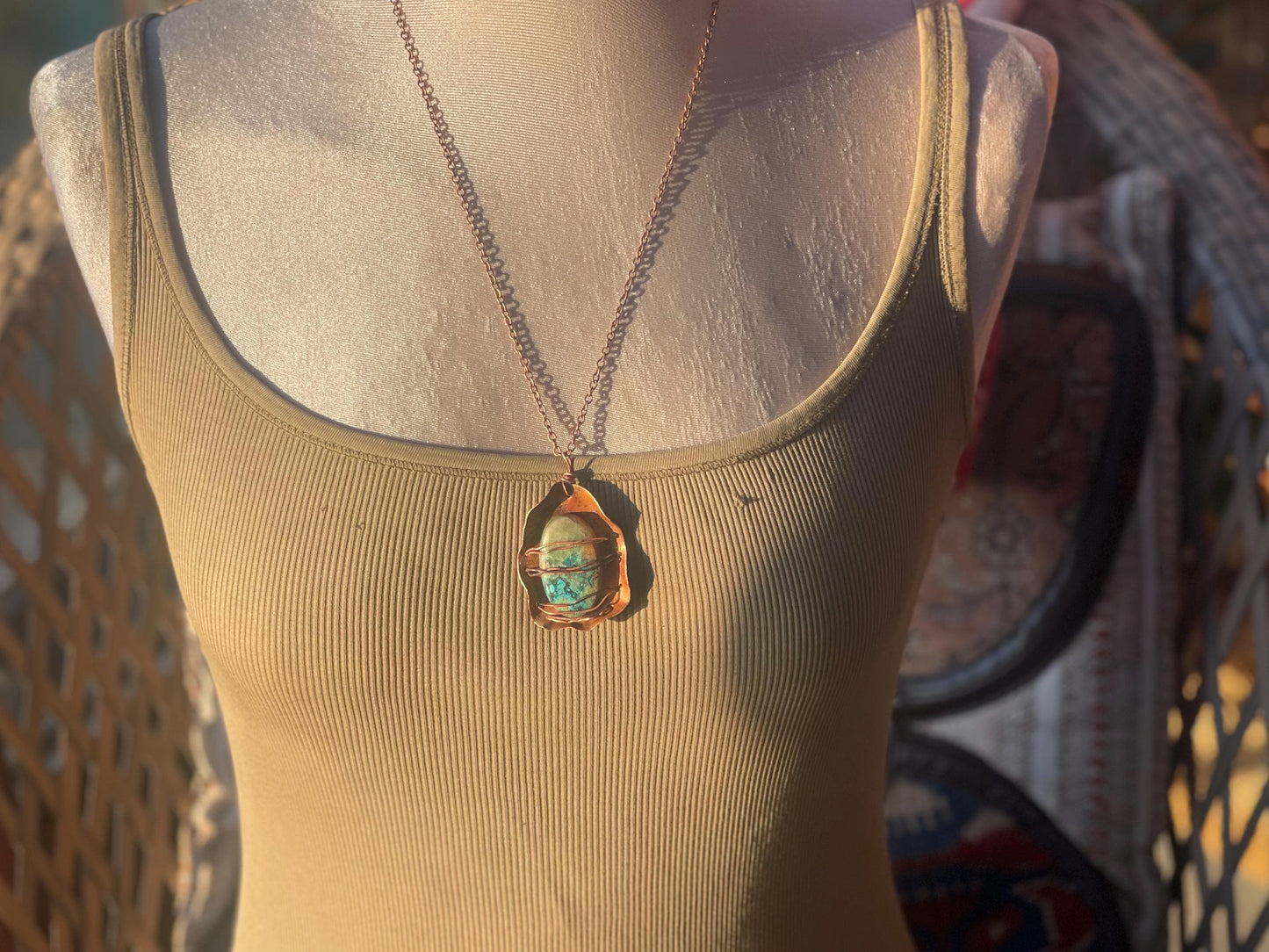 Eco friendly handmade necklace made from Chrysocolla & naturally weathered recycled copper. Ethical jewellery. Unique handmade jewellery.