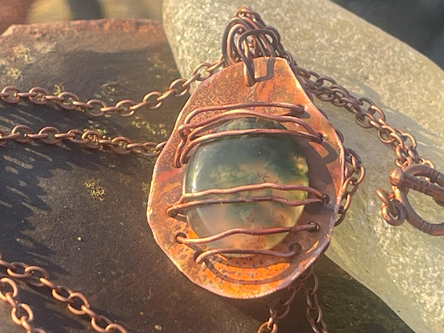 Eco friendly handmade necklace made from moss agate & naturally weathered recycled copper. Ethical jewellery. Unique handmade jewellery.