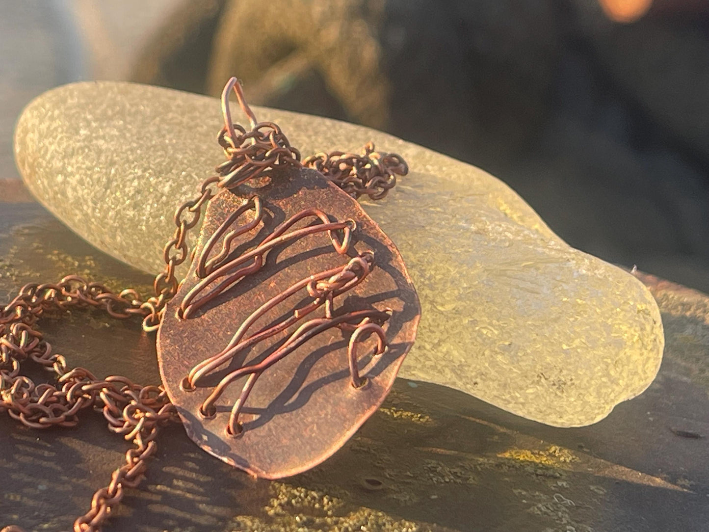 Eco friendly handmade necklace made from moss agate & naturally weathered recycled copper. Ethical jewellery. Unique handmade jewellery.