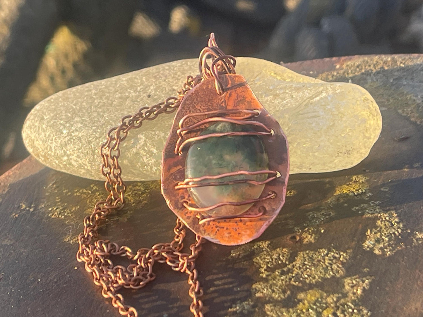 Eco friendly handmade necklace made from moss agate & naturally weathered recycled copper. Ethical jewellery. Unique handmade jewellery.