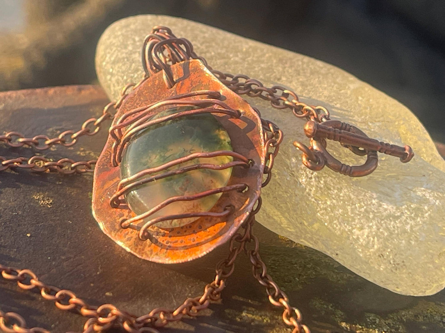 Eco friendly handmade necklace made from moss agate & naturally weathered recycled copper. Ethical jewellery. Unique handmade jewellery.