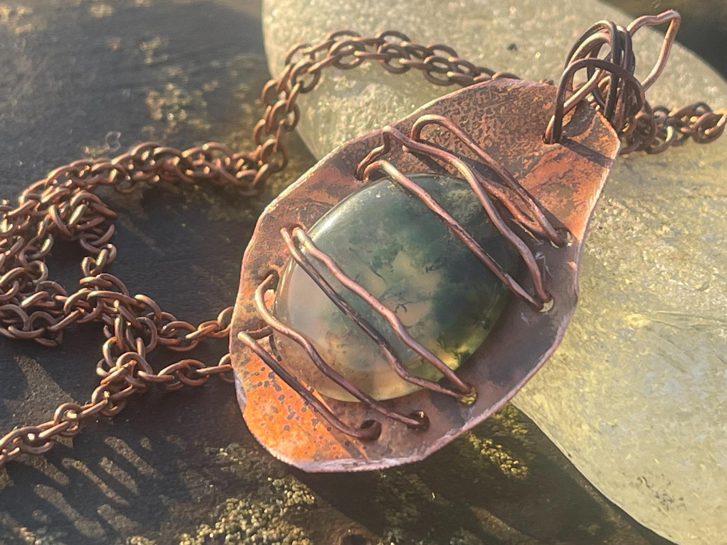 Eco friendly handmade necklace made from moss agate & naturally weathered recycled copper. Ethical jewellery. Unique handmade jewellery.