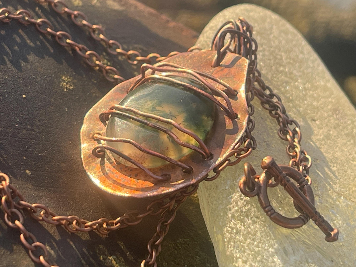 Eco friendly handmade necklace made from moss agate & naturally weathered recycled copper. Ethical jewellery. Unique handmade jewellery.