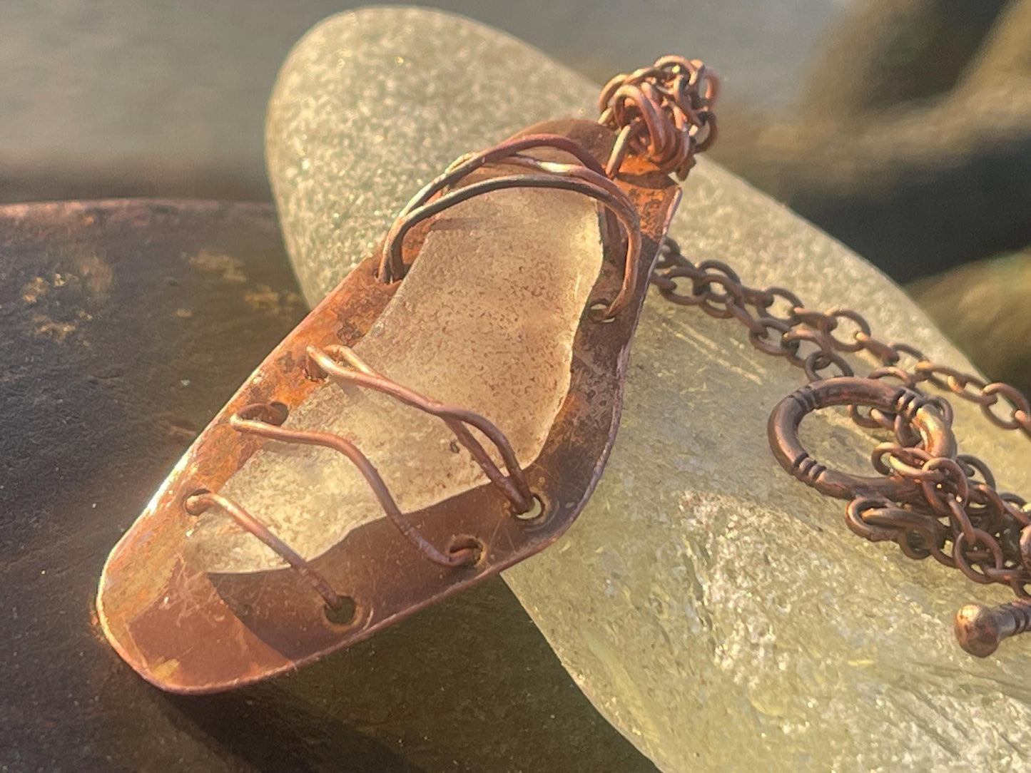 Eco friendly handmade necklace made from sea glass and naturally weathered recycled copper. Ethical jewellery. Unique handmade jewellery.