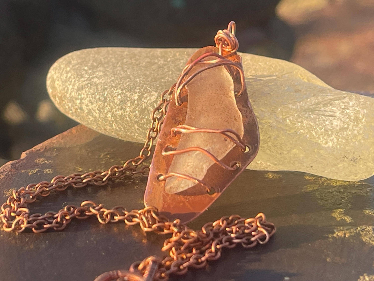 Eco friendly handmade necklace made from sea glass and naturally weathered recycled copper. Ethical jewellery. Unique handmade jewellery.