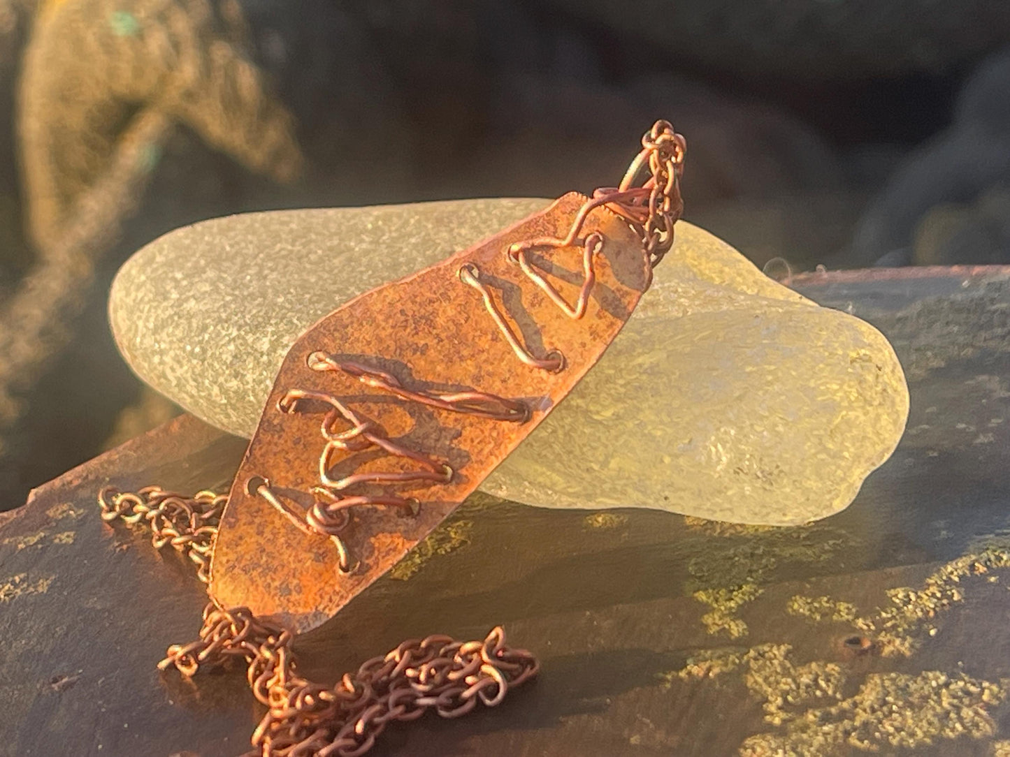 Eco friendly handmade necklace made from sea glass and naturally weathered recycled copper. Ethical jewellery. Unique handmade jewellery.
