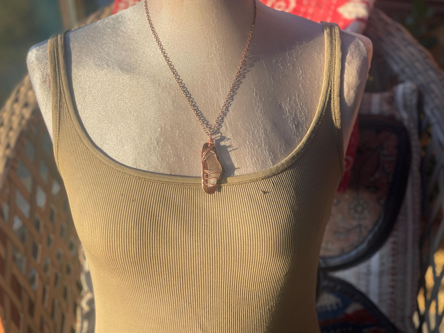 Eco friendly handmade necklace made from sea glass and naturally weathered recycled copper. Ethical jewellery. Unique handmade jewellery.