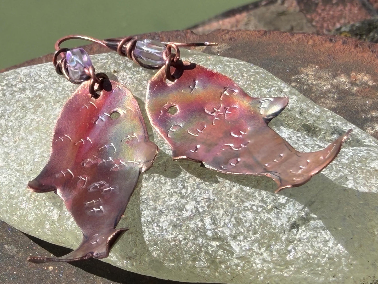 Handmade fish earrings made from recycled copper. Fish jewellery. Handmade earrings. Eco friendly jewellery. Ethical jewellery. Rustic