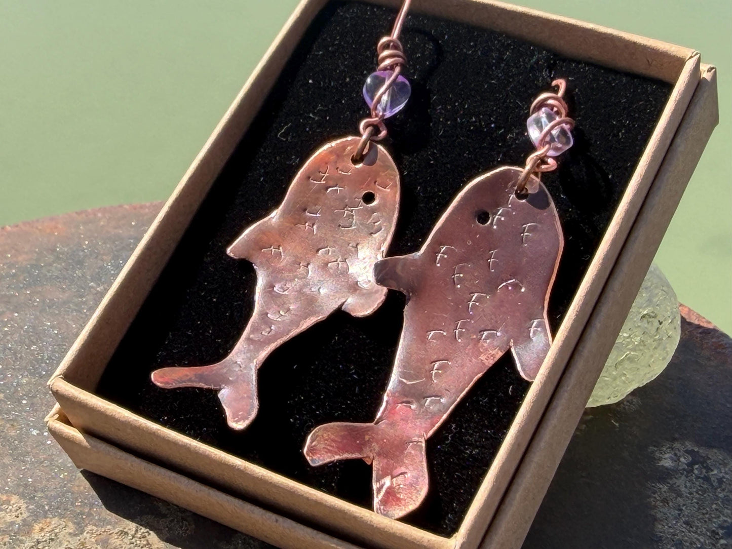 Handmade fish earrings made from recycled copper. Fish jewellery. Handmade earrings. Eco friendly jewellery. Ethical jewellery. Rustic