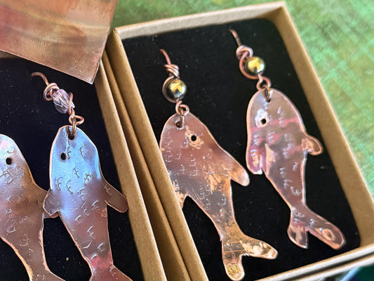 Handmade fish earrings made from recycled copper. Fish jewellery. Handmade earrings. Eco friendly jewellery. Ethical jewellery. Rustic