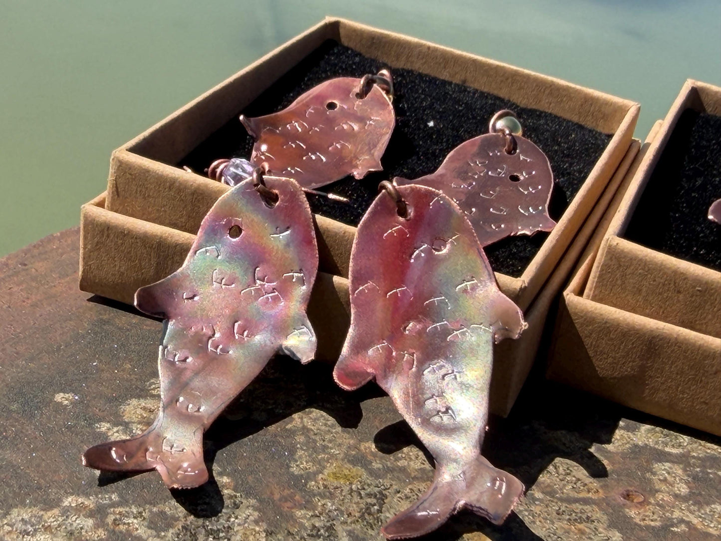 Handmade fish earrings made from recycled copper. Fish jewellery. Handmade earrings. Eco friendly jewellery. Ethical jewellery. Rustic