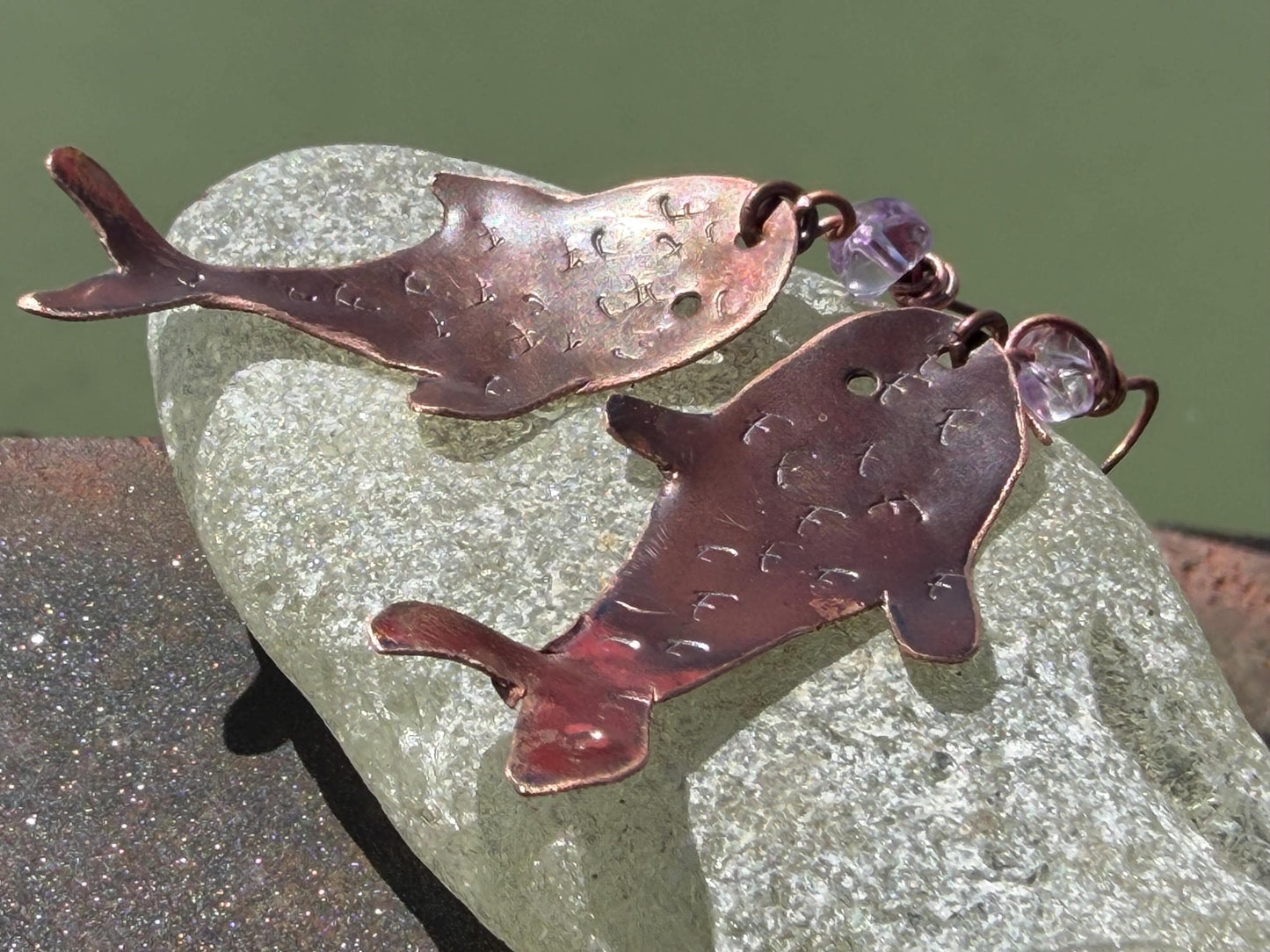 Handmade fish earrings made from recycled copper. Fish jewellery. Handmade earrings. Eco friendly jewellery. Ethical jewellery. Rustic
