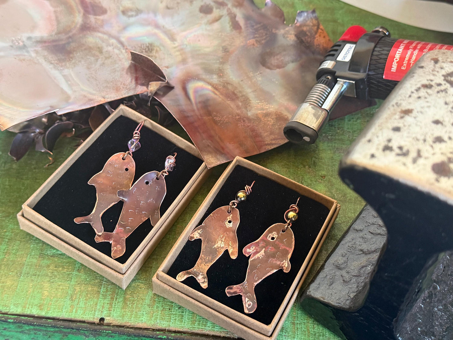 Handmade fish earrings made from recycled copper. Fish jewellery. Handmade earrings. Eco friendly jewellery. Ethical jewellery. Rustic