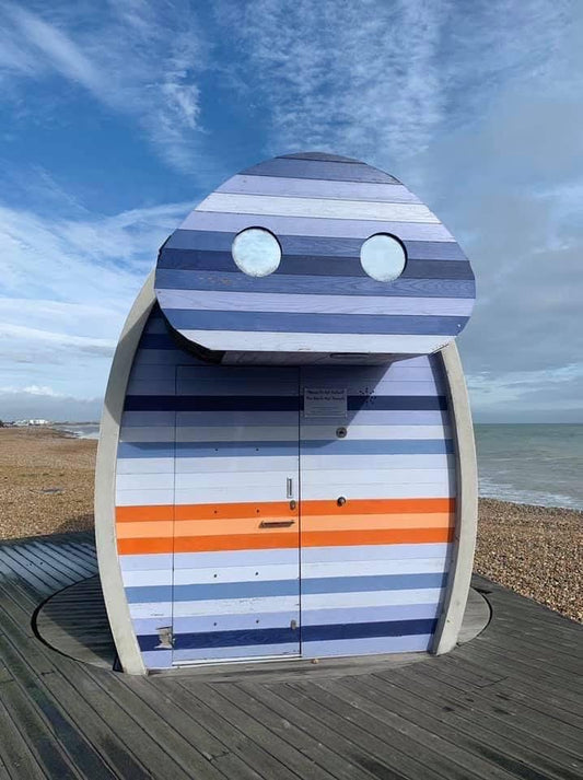 Robot card, beach hut card, handmade card, recycled card. Birthday card, Unusual card for him, card for her. Robot presents. Seaside card.