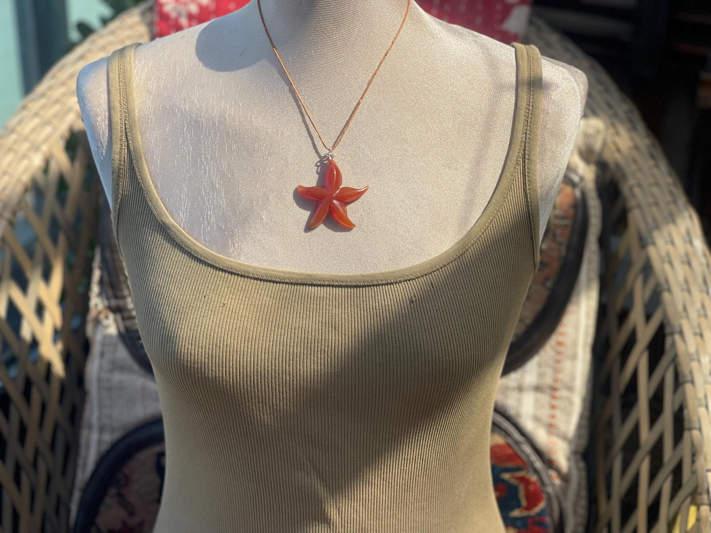 Cherry blossom agate necklace, ethical jewellery, starfish necklace, unique jewellery, orange agate pendant, orange gemstone necklace.