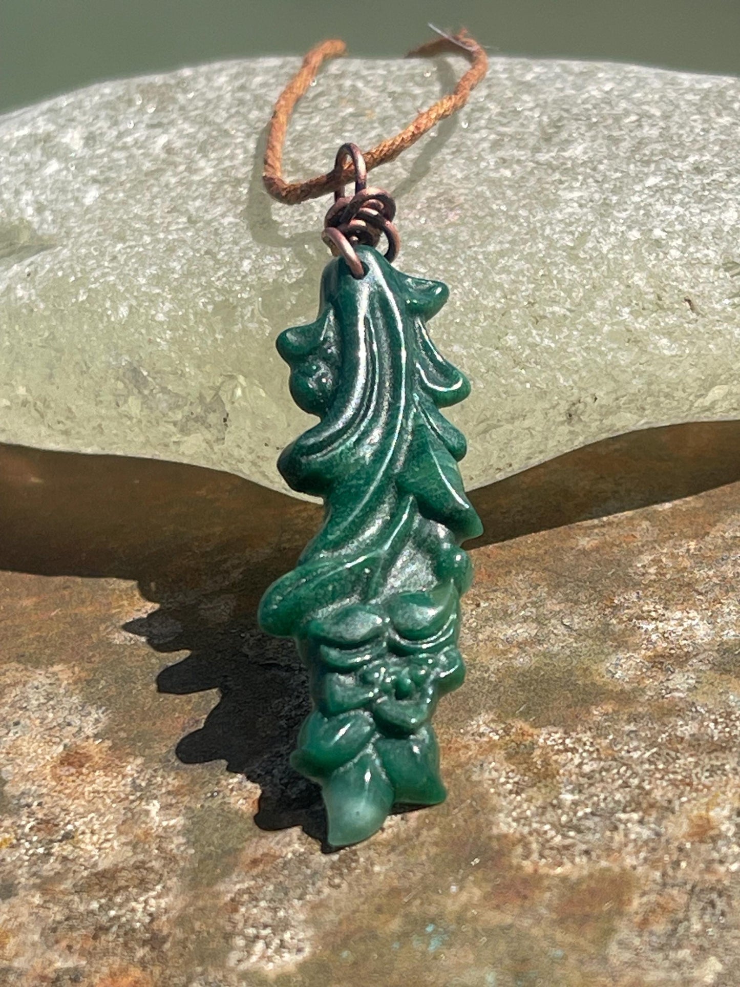 Carved jade necklace. Jade pendant. Unusual green gemstone necklace. Boho jewellery. Handmade jade jewellery.