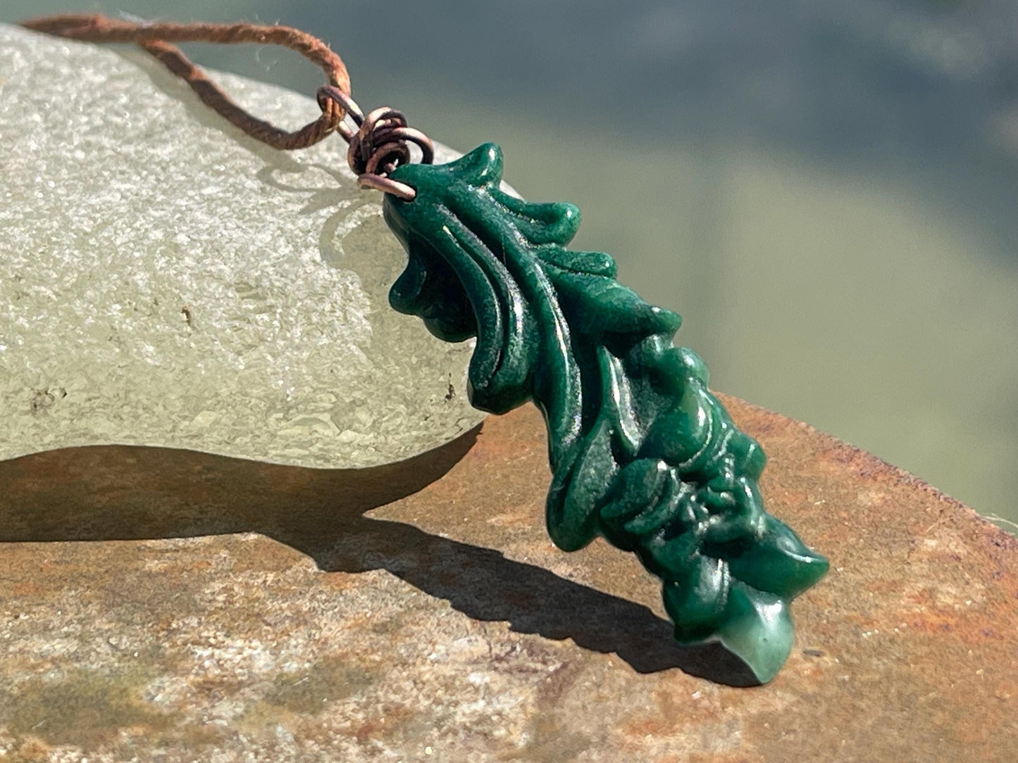 Carved jade necklace. Jade pendant. Unusual green gemstone necklace. Boho jewellery. Handmade jade jewellery.