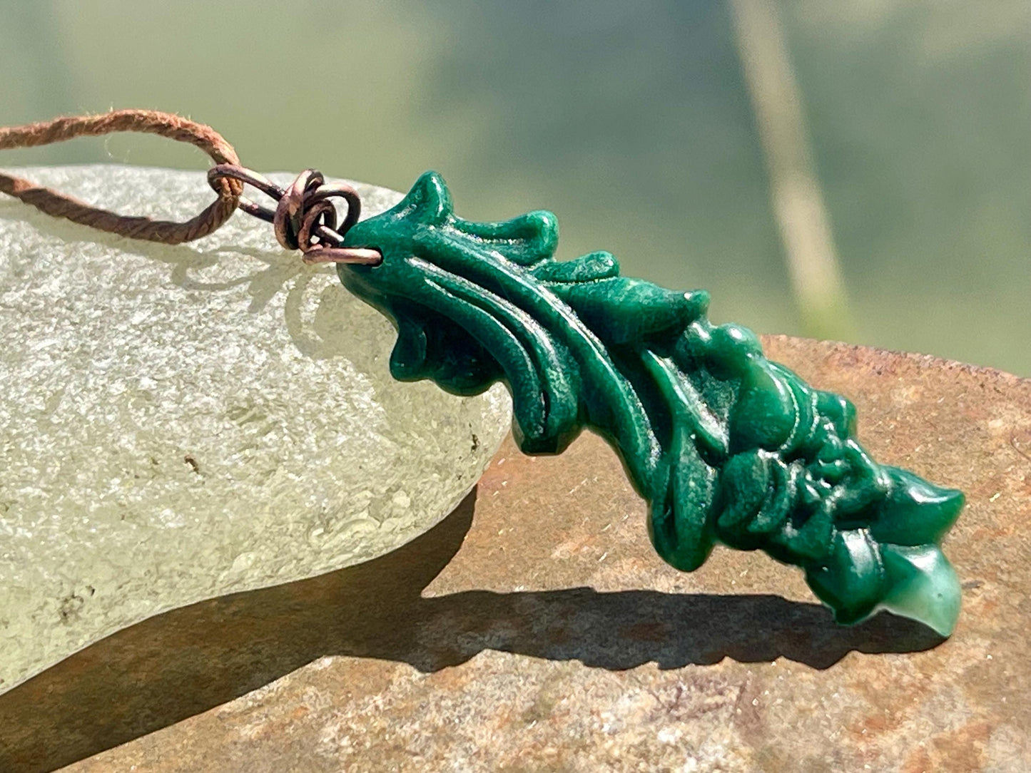 Carved jade necklace. Jade pendant. Unusual green gemstone necklace. Boho jewellery. Handmade jade jewellery.