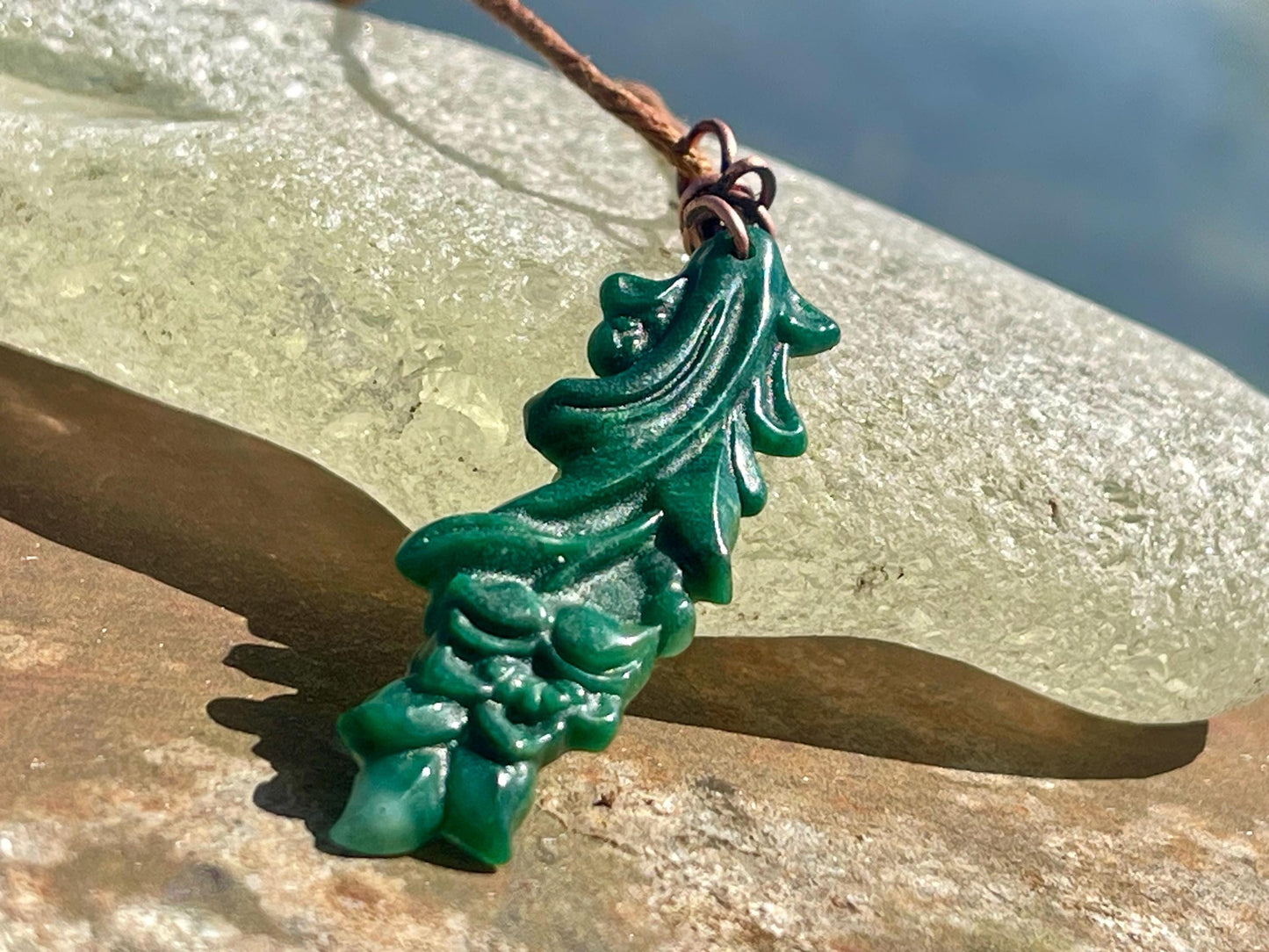 Carved jade necklace. Jade pendant. Unusual green gemstone necklace. Boho jewellery. Handmade jade jewellery.
