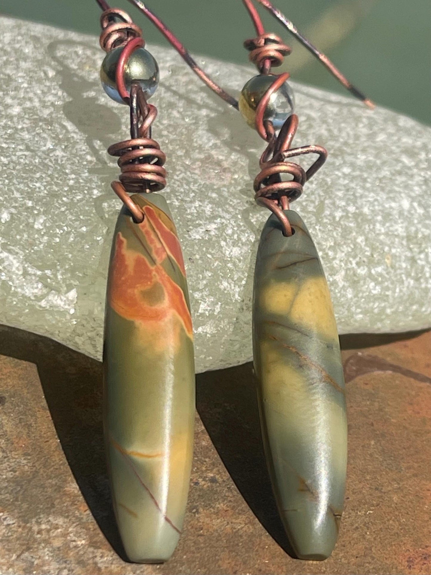 Picasso jasper gemstone earrings. Ethical jewellery, orange gemstone earrings. Stunning unique jewellery. Eco friendly unique earrings.