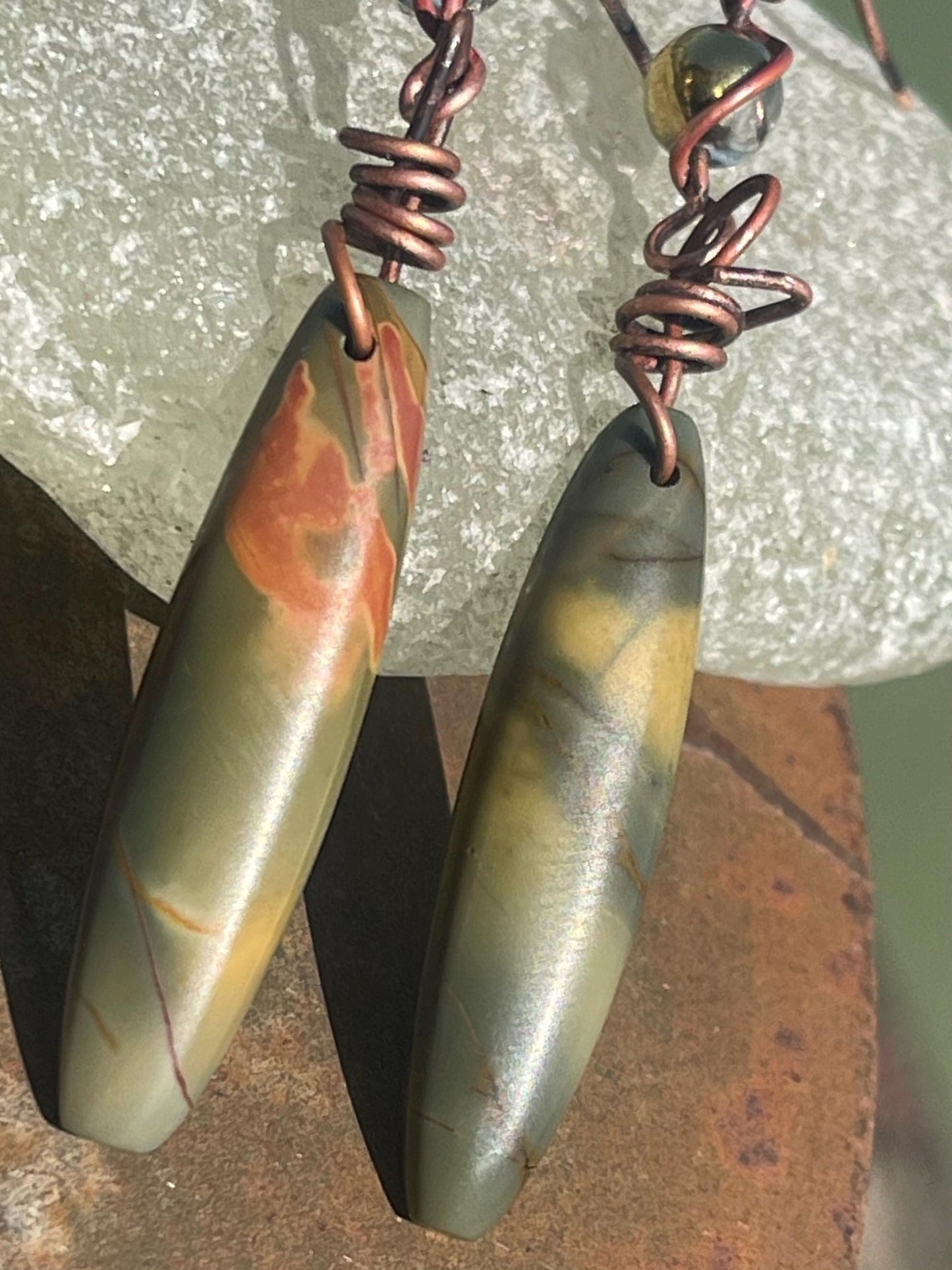 Picasso jasper gemstone earrings. Ethical jewellery, orange gemstone earrings. Stunning unique jewellery. Eco friendly unique earrings.