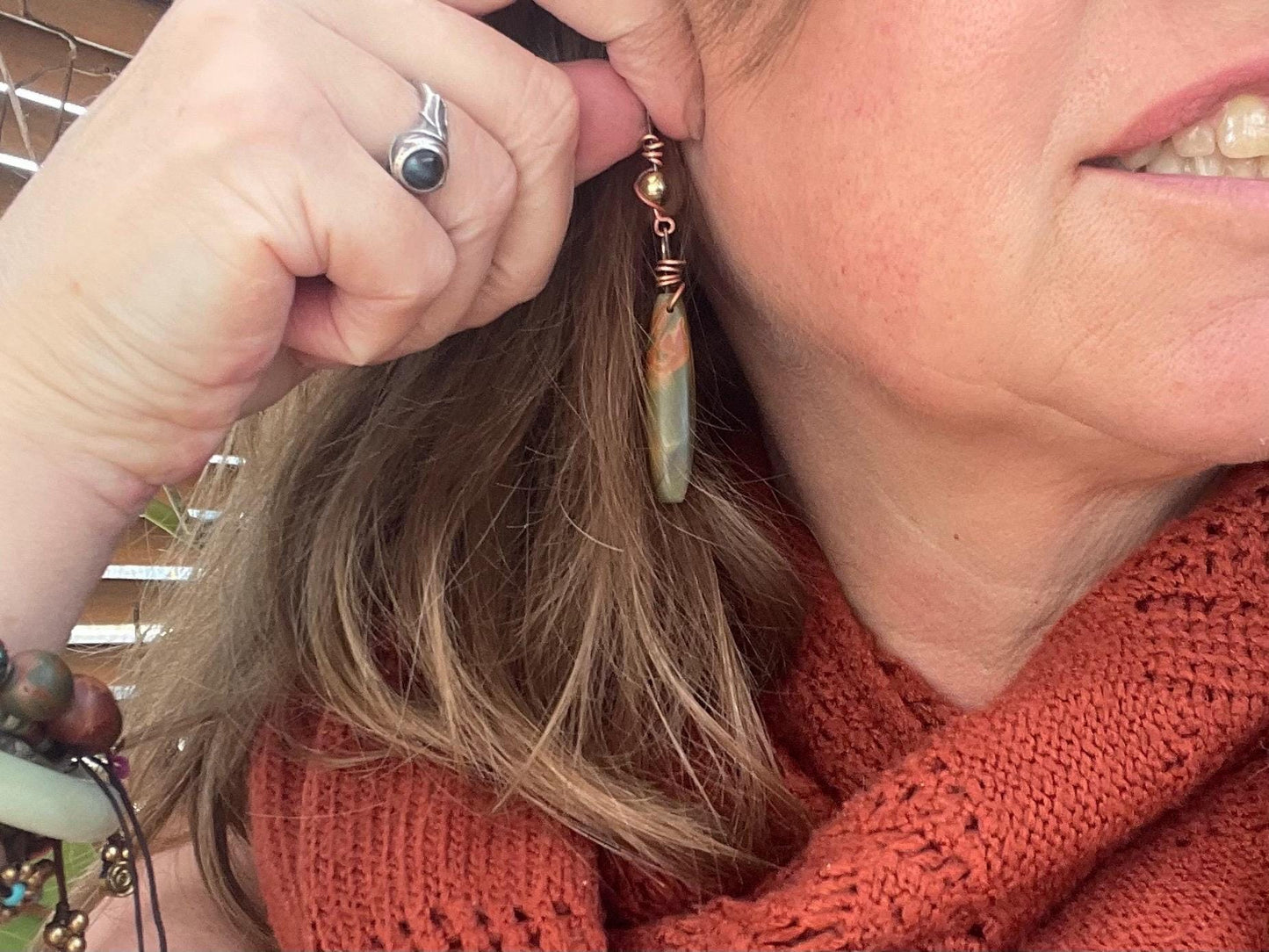 Picasso jasper gemstone earrings. Ethical jewellery, orange gemstone earrings. Stunning unique jewellery. Eco friendly unique earrings.