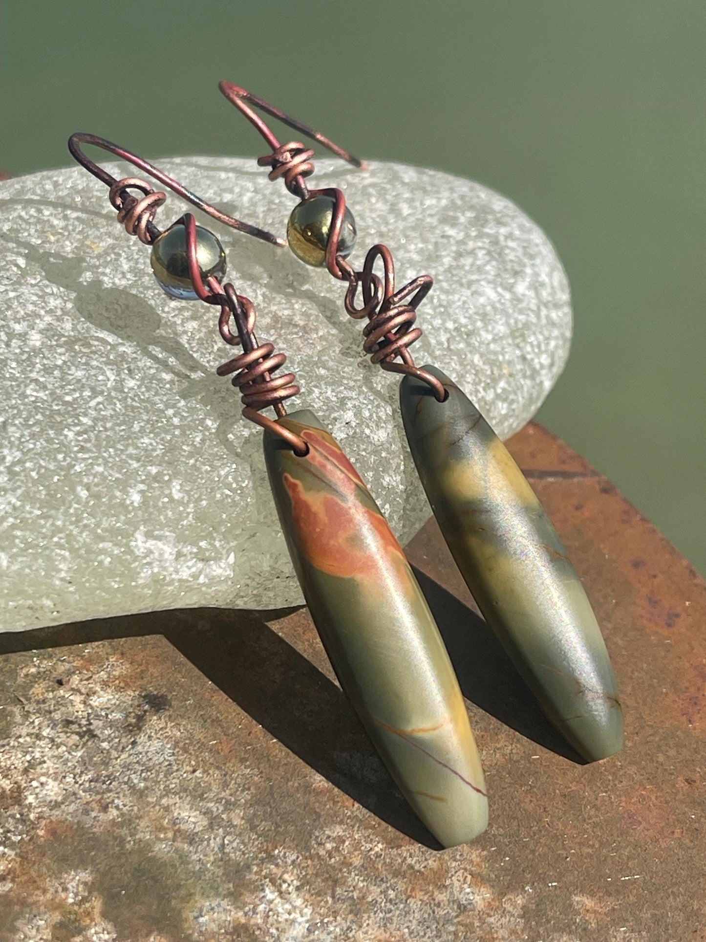 Picasso jasper gemstone earrings. Ethical jewellery, orange gemstone earrings. Stunning unique jewellery. Eco friendly unique earrings.