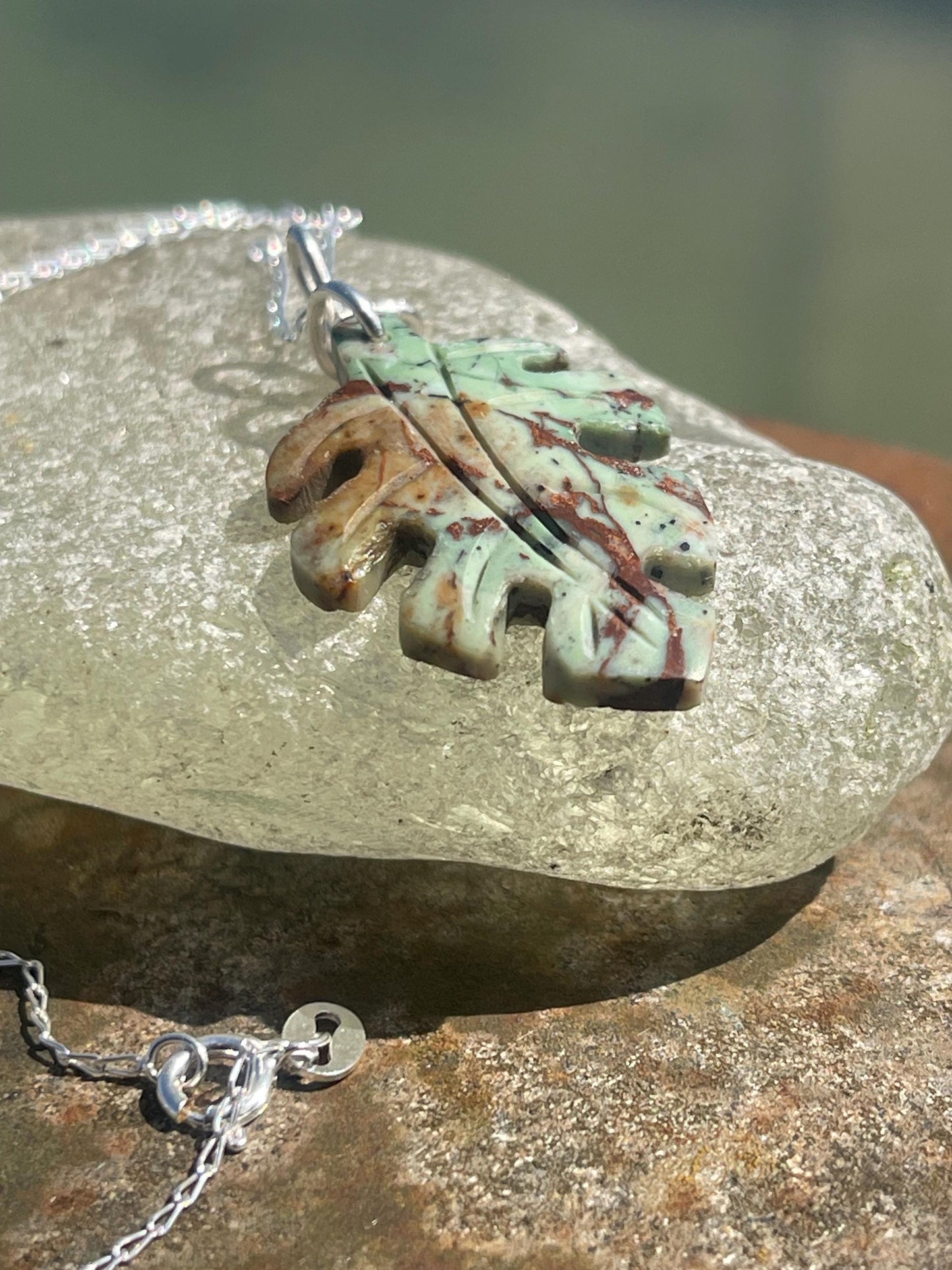 Green opal leaf necklace, opal pendant. Handmade necklace, opal jewellery, gift for gardener, unusual necklace, unique jewellery. Earthy