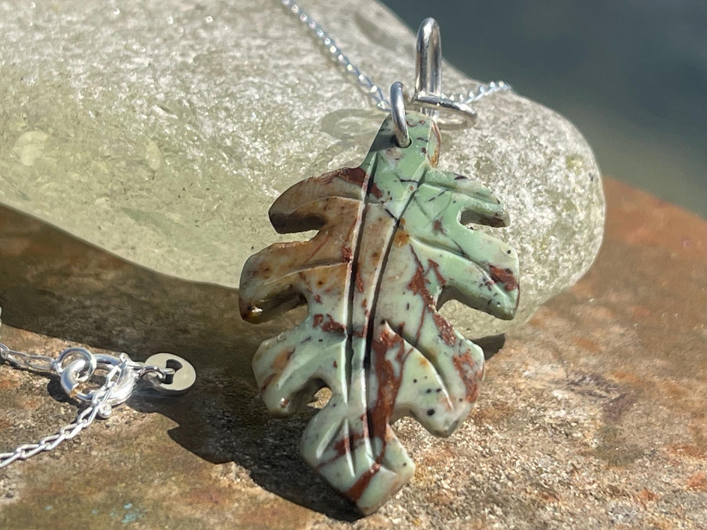 Green opal leaf necklace, opal pendant. Handmade necklace, opal jewellery, gift for gardener, unusual necklace, unique jewellery. Earthy