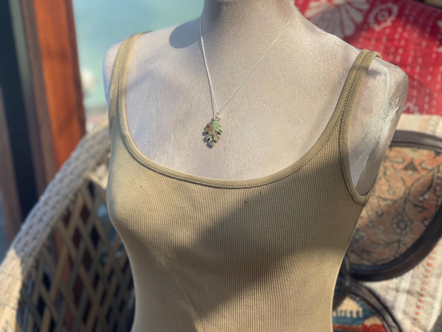 Green opal leaf necklace, opal pendant. Handmade necklace, opal jewellery, gift for gardener, unusual necklace, unique jewellery. Earthy