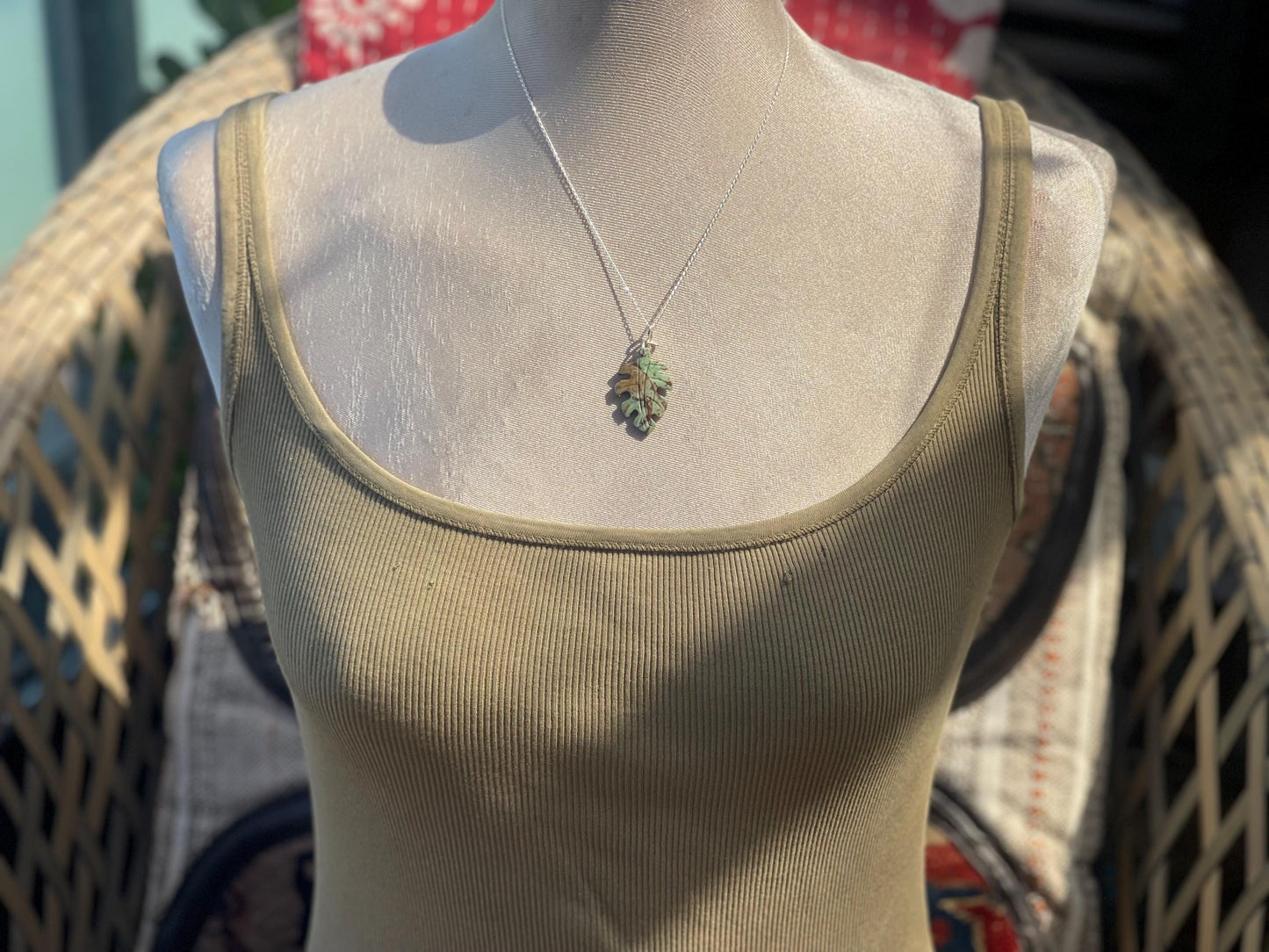 Green opal leaf necklace, opal pendant. Handmade necklace, opal jewellery, gift for gardener, unusual necklace, unique jewellery. Earthy