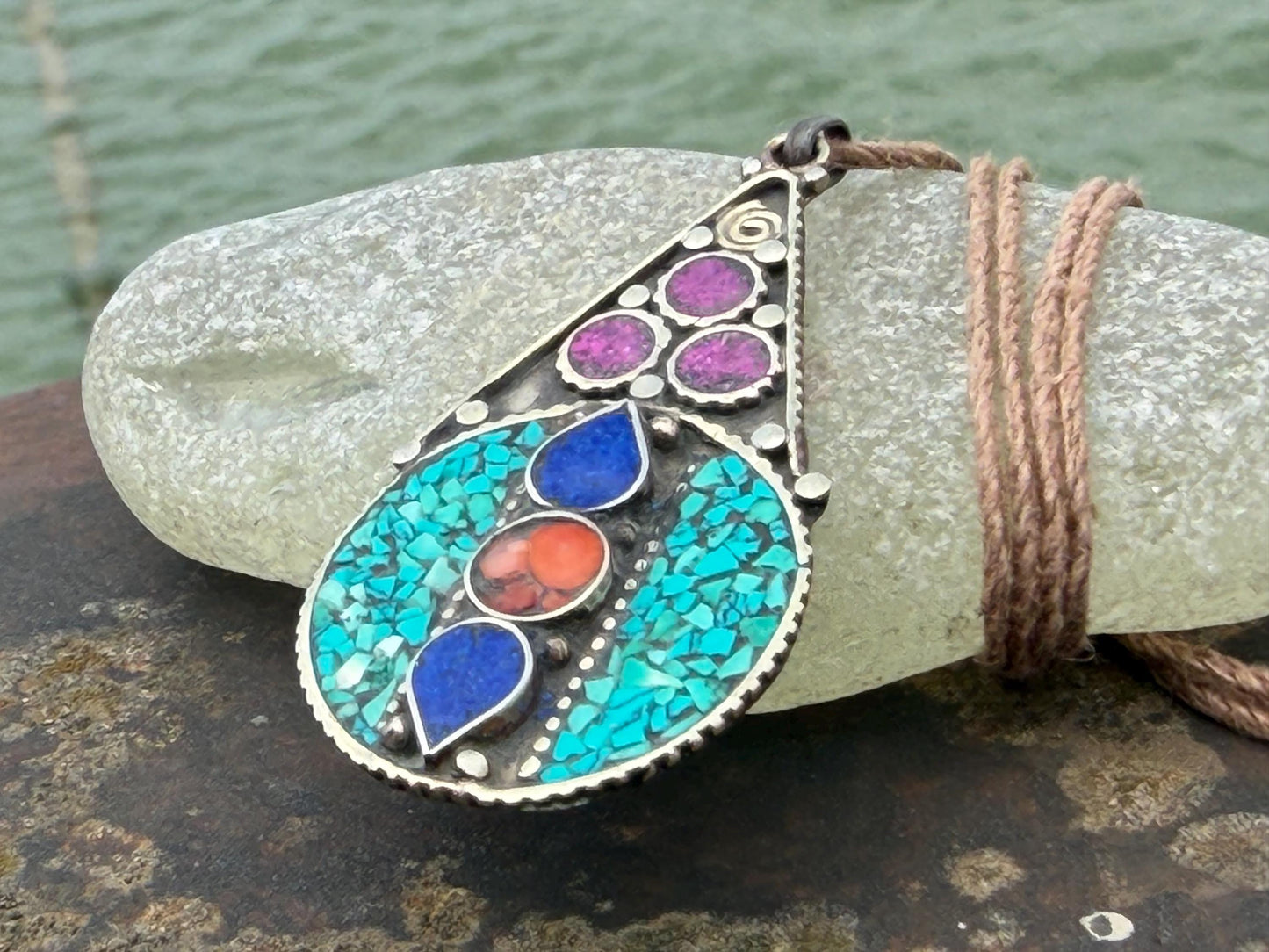 Large enamel necklace, turquoise jewellery, ethical jewellery, lapis necklace, boho necklace, large jewellery. Colourful necklace. Carnelian