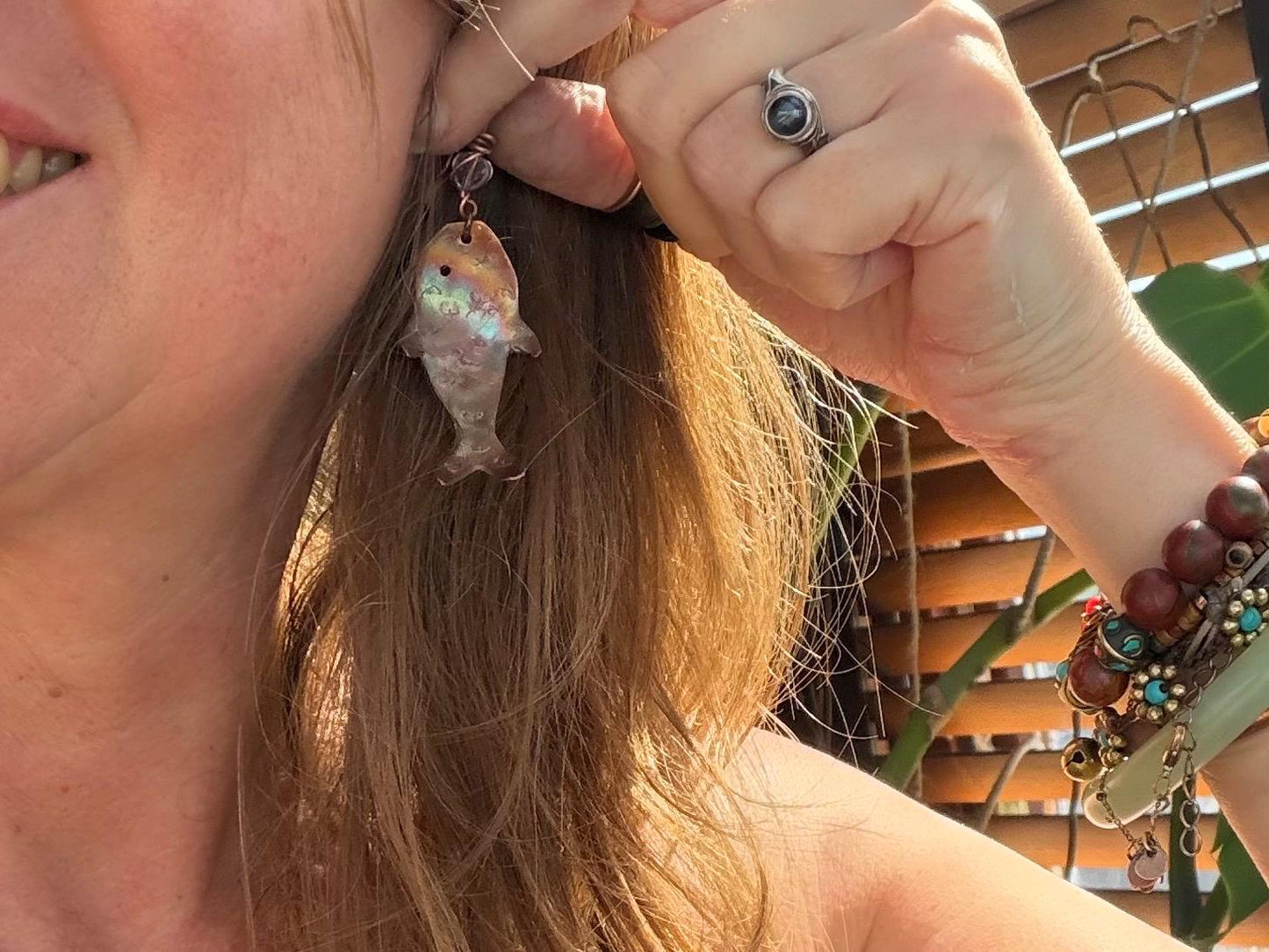 Handmade fish earrings made from recycled copper. Fish jewellery. Handmade earrings. Eco friendly jewellery. Ethical jewellery. Rustic