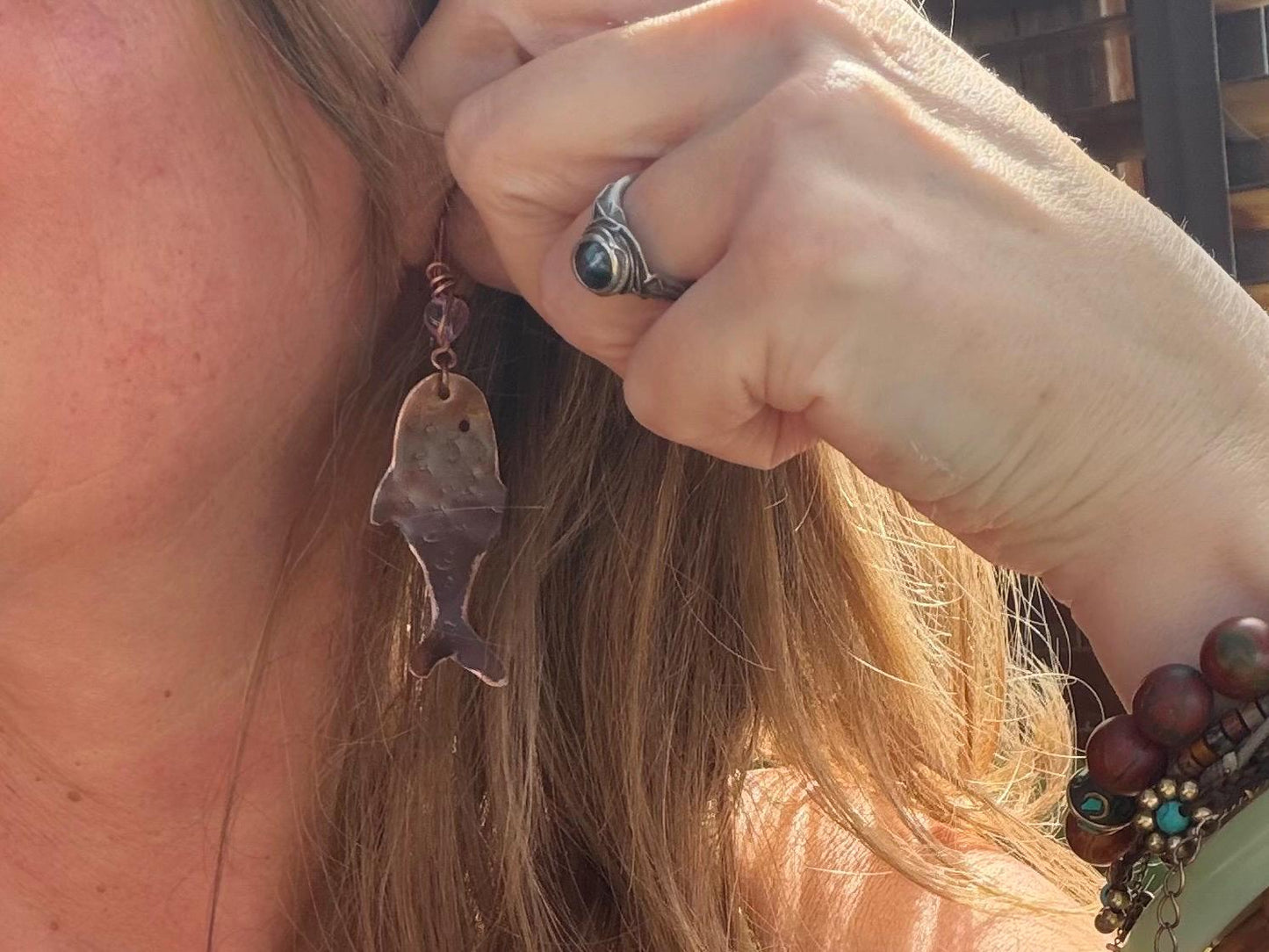 Handmade fish earrings made from recycled copper. Fish jewellery. Handmade earrings. Eco friendly jewellery. Ethical jewellery. Rustic